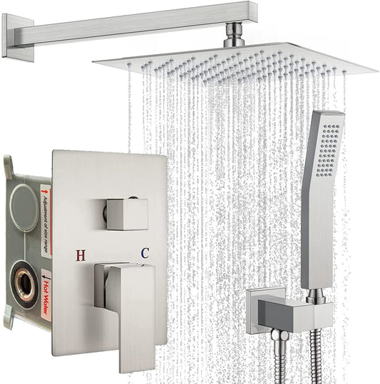 Grifos Ducha Empotrados Set- UCMDA Sistema de Ducha Mezclador, Conjunto de Ducha, Cabeza de Ducha Cuadrada de 10 Pulgadas y Rociador Ducha Mano Incluida Válvula Empotrada Kit (Nickel Cepillado)