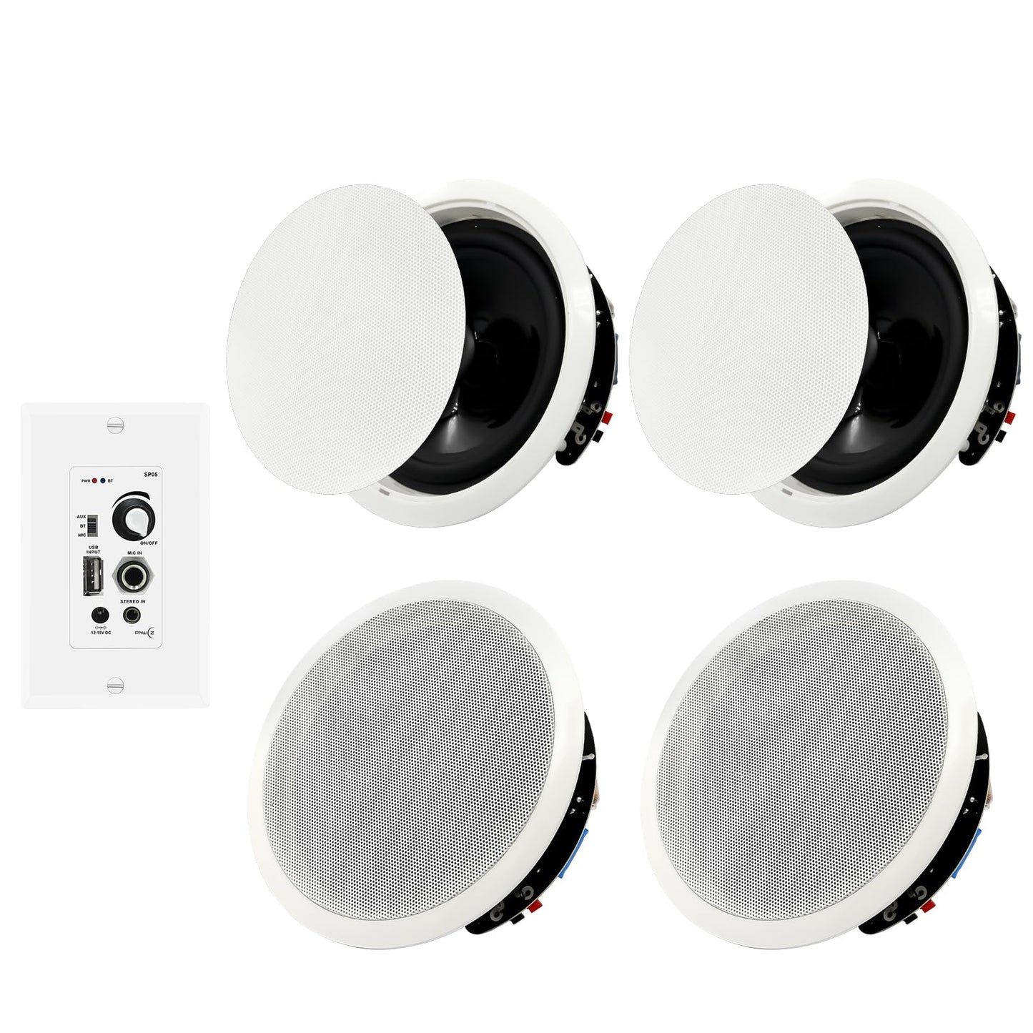 PNWCZ - Altavoces Bluetooth en el techo de 6.5 pulgadas en la pared, 600 W, sistema de altavoces de montaje empotrado de 2 vías con receptor amplificador de pared para cine en casa, oficina, baño,