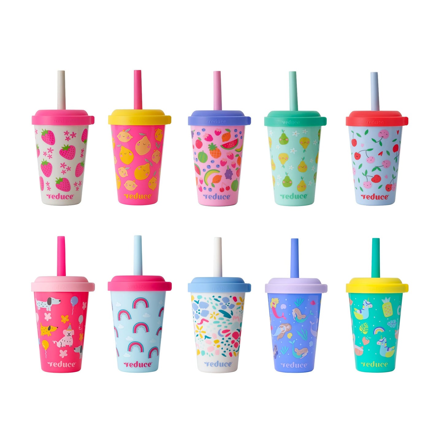 REDUCE GoGo's Vasos Tumbler Portátiles para Niños con Tapas y Pajitas a Prueba de Derrames - Paquete de 10 Vasos Apilables de 12 oz con Tapas de Rosca - Fácil Almacenamiento, Apto para Lavavajillas