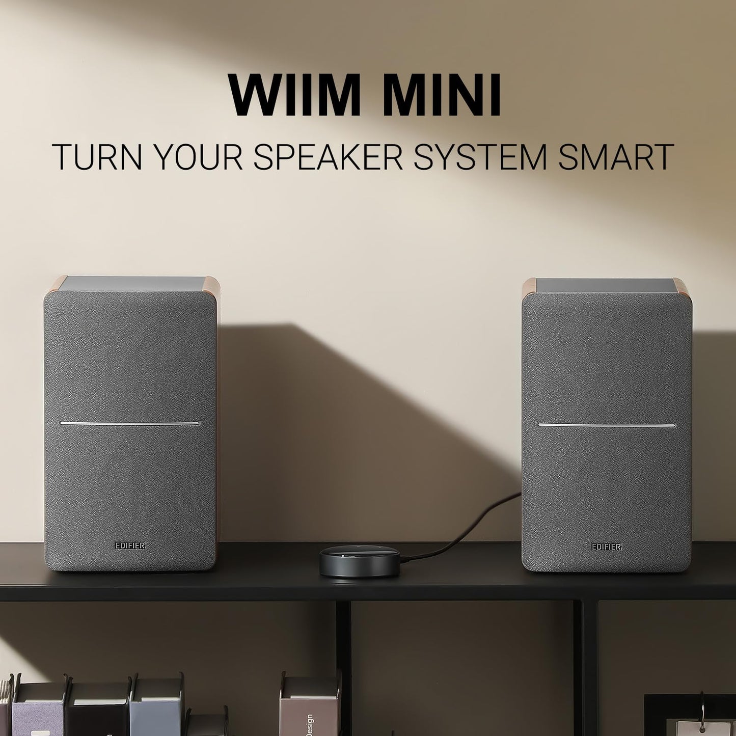 Edifier R1280T - Altavoces de estantería alimentados con WiiM Mini Wi-Fi Audio Streamer, transmite audio de alta resolución de Spotify, Amazon Music y más