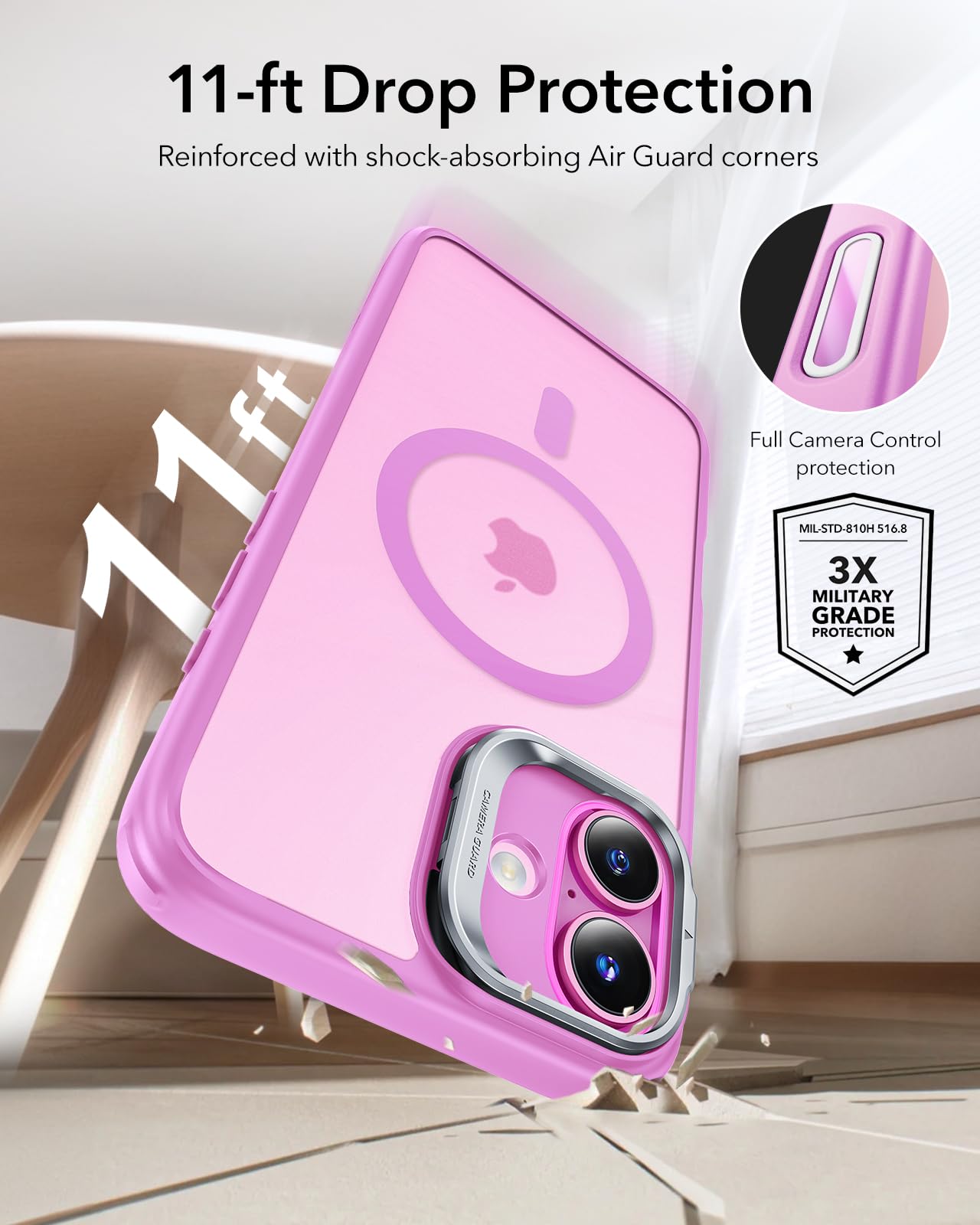 ESR - Funda para iPhone 16, botón de control de cámara compatible con MagSafe, protección de grado militar, soporte integrado, funda trasera resistente a arañazos, clásica, rosa esmerilado