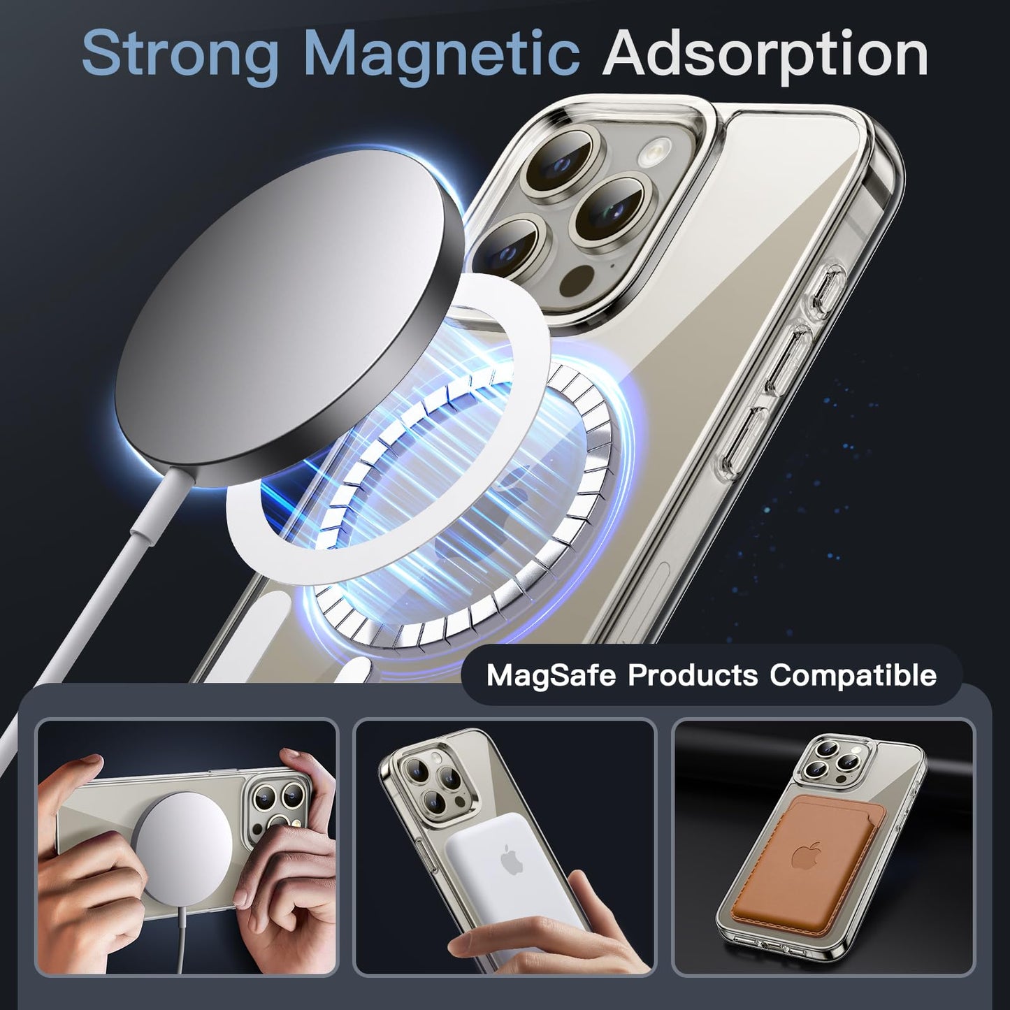JETech Funda Magnética para iPhone 15 Pro MAX 6.7 Pulgadas, Compatible con MagSafe Carga Inalámbrica, Carcasa Antigolpes, Parte Trasera Transparente Anti-Arañazos (Transparente)