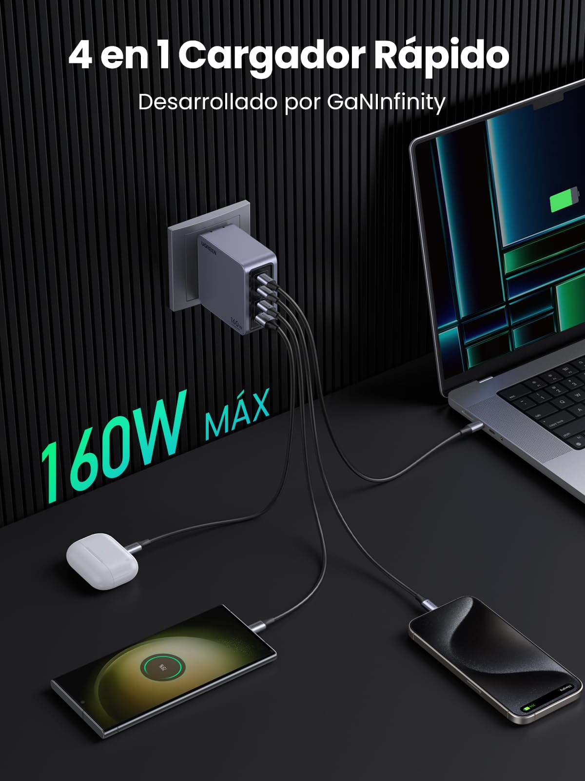 Cargador Tipo C UGREEN Nexode Pro 160W Negro PPS GAN de Pared 4 Puertos para iPad, iPhone y Galaxy
