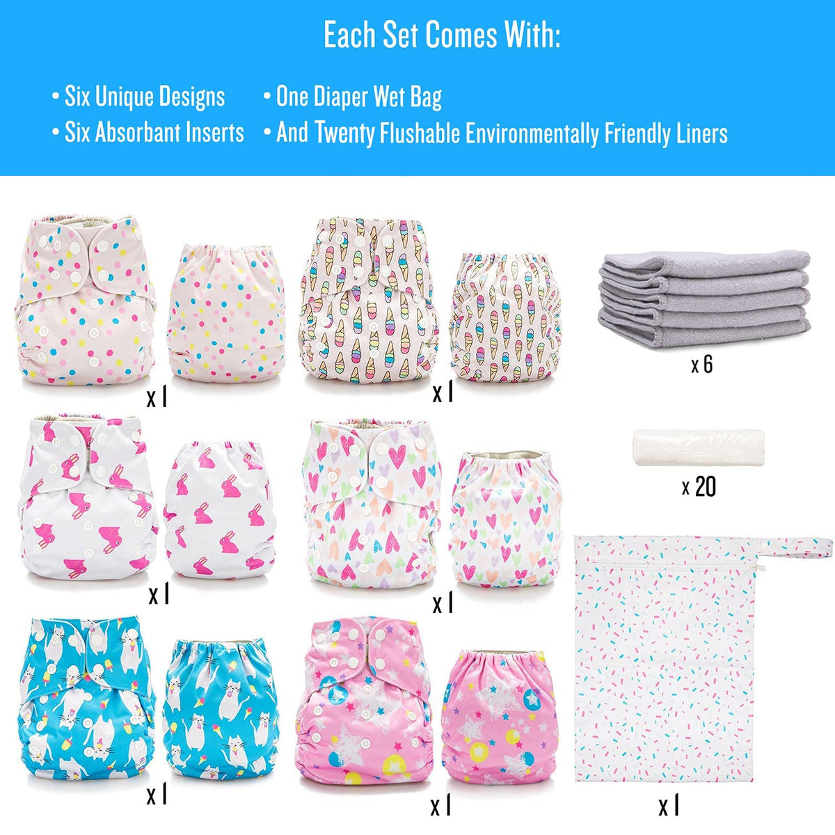 Simple Being - Pañales de tela reutilizables, paquete de 6, de bolsillo, tamaño ajustable, cubierta impermeable, 6 insertos, bolsa húmeda, doble refuerzo (Dulces)