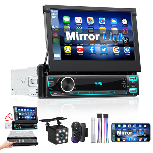 HIMICAR Estereo Retráctil 7 Pulgada con Enlace Espejo Autoestéreo Reproductor MP5, Bluetooth 5.0, Entrada Auxiliar, Radio FM, USB, TF, Cámara de Visión Trasera
