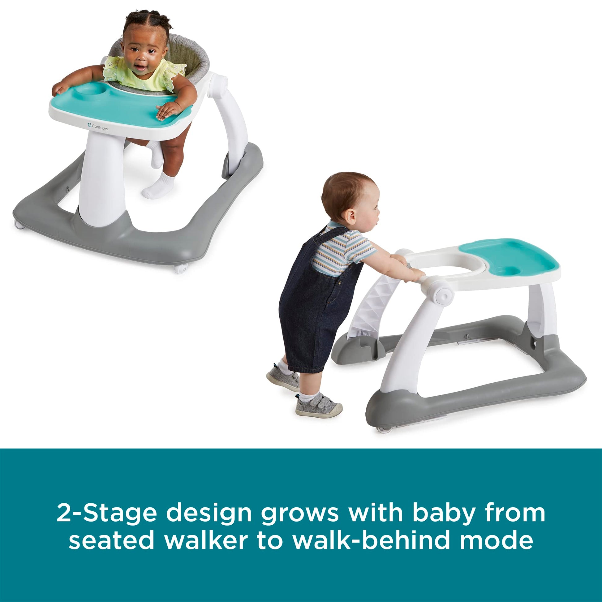 Contours Graze 2 en 1 - Caminante plegable para bebés y bebés, diseño sentado o caminando, almohadilla de asiento extraíble y lavable y bandeja de aperitivos, almohadilla de asiento ajustable en