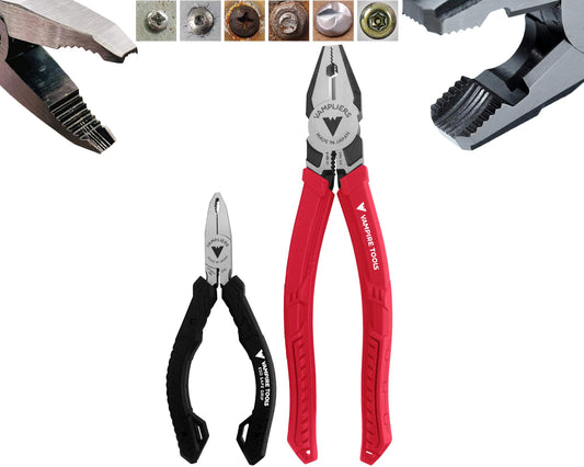 VAMPLIERS - Juego de 2 alicates para extracción de tornillos, fabricado en Japón: alicates de linemans de 8 pulgadas + mini alicates para quitar tornillos de 5 pulgadas con agarre seguro ESD