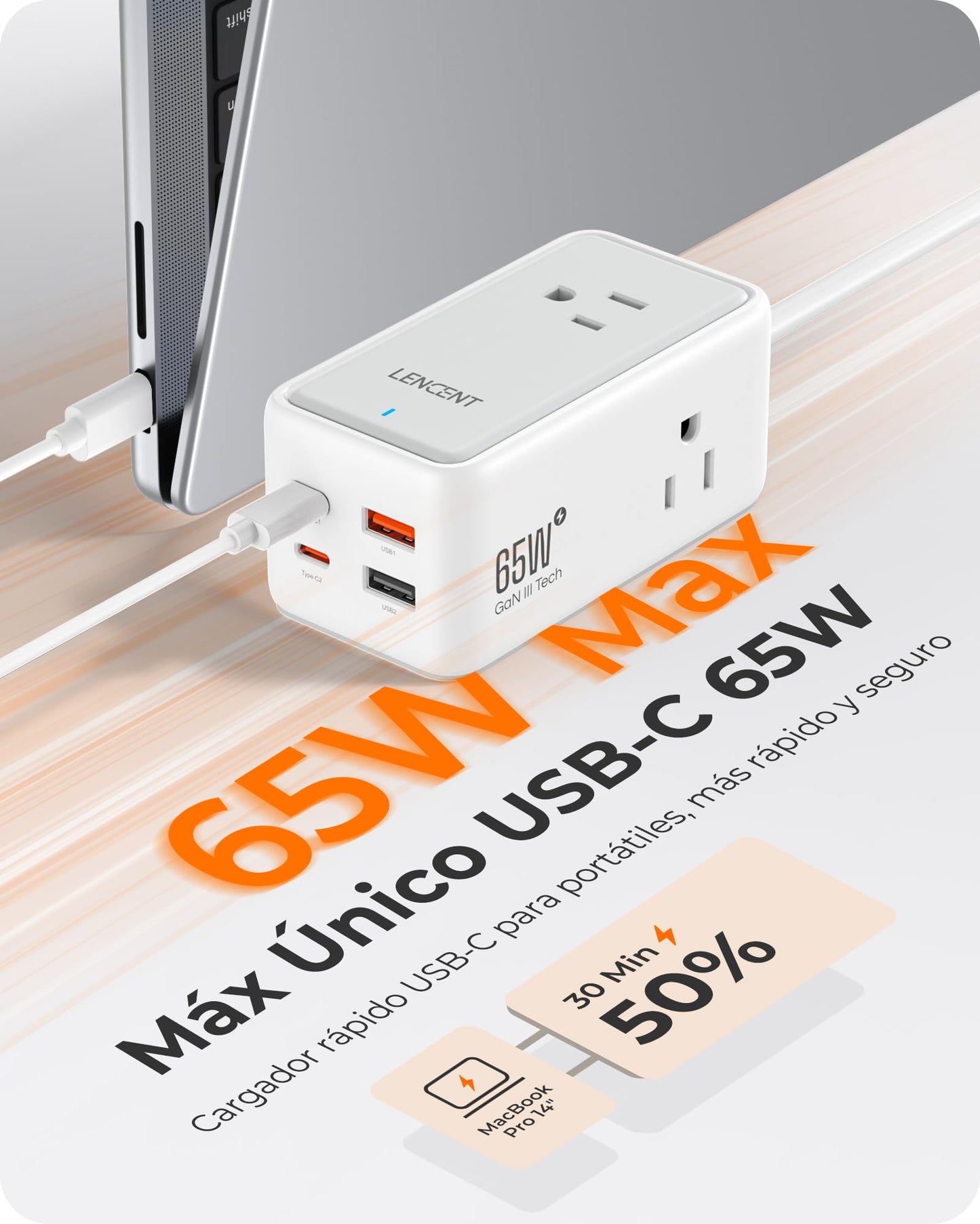 LENCENT Cargador USB C y PD 65W, Cargador Rápido GAN III Tech con 3 Tomas CA + 4 Puertos USB, Estación de Carga USB C de Cable para iPhone, iPad, Macbook, Galaxy, Huawei, Switch y más, Blanco