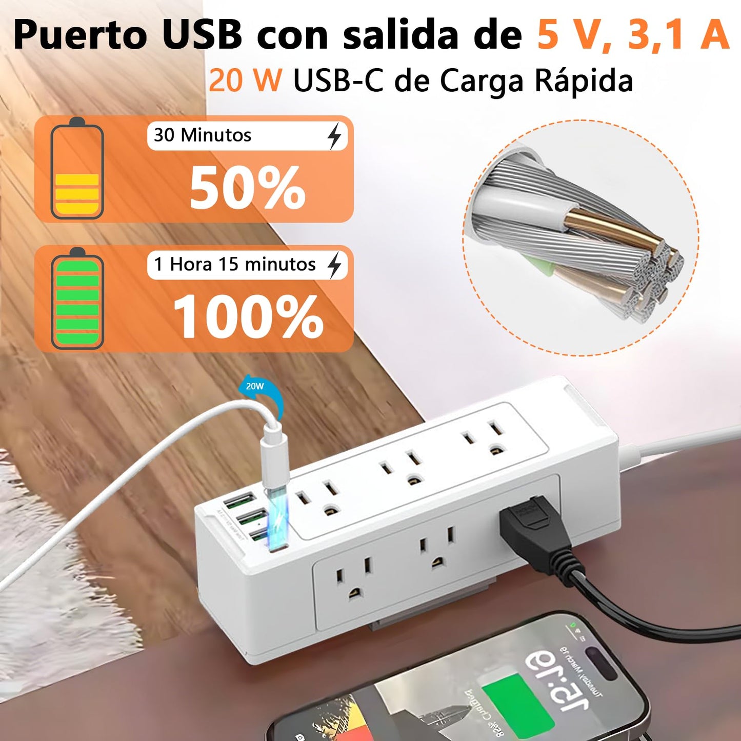 TDVCVZSD 13 en 1 Regleta con Clip para Escritorio, Protector contra sobretensiones USB-C con 9 Salidas de CA y 4 USB (1 USB C), Cable de Enchufe Plano 1,8 m para Dormitorio, casa, Oficina