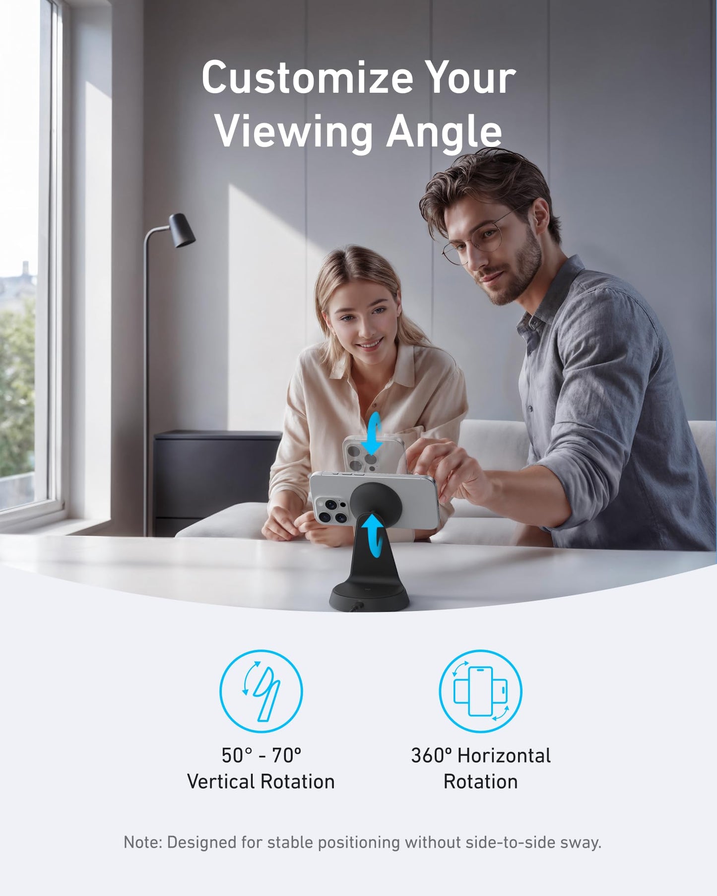 Anker Estación de Carga Inalámbrica 15W, Soporte 2 en 1, Carga Rápida Qi2, Sistema de Carga Dual, Conexión Magnética Segura, Ángulos Ajustables, Diseño Elegante para iPhone 15 Pro y Auriculares TWS