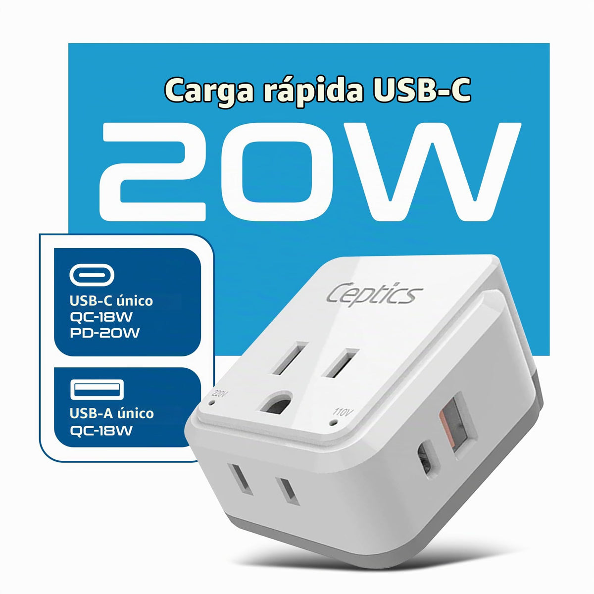 Juego de Adaptador de Enchufe Internacional Ceptics Blanco USB Dual Seguro y USB-C Compacto para Viajes por Europa, Asia, África y en Todo el Mundo