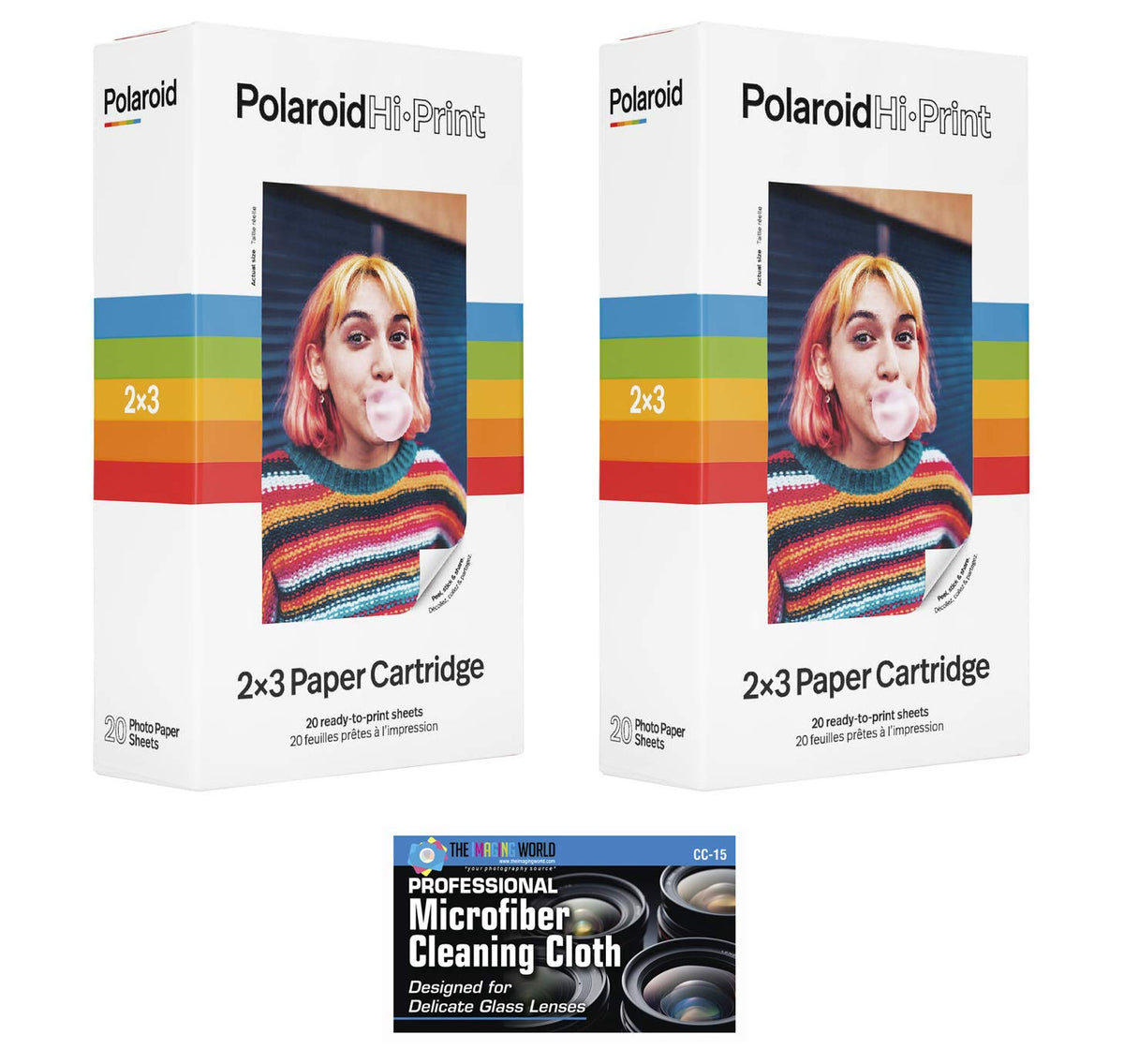 Cartuchos de Papel Polaroid Hi-Print 2 x 3” Blanco con Paño de Limpieza de Microfibra