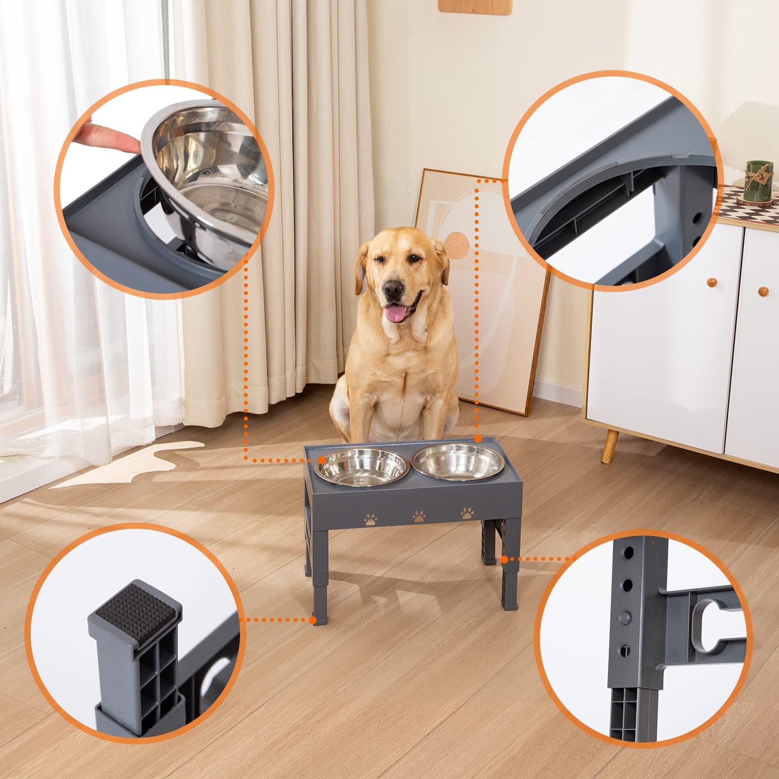 LAKIPETN - Cuencos elevados para perros con 2 cuencos de acero inoxidable para comida para perros, 5 cuencos elevados de altura ajustable que se ajusta a 3.1 pulgadas, 9 pulgadas, 10 pulgadas, 11 pulgadas, 12 pulgadas, plato antideslizante para perros peq