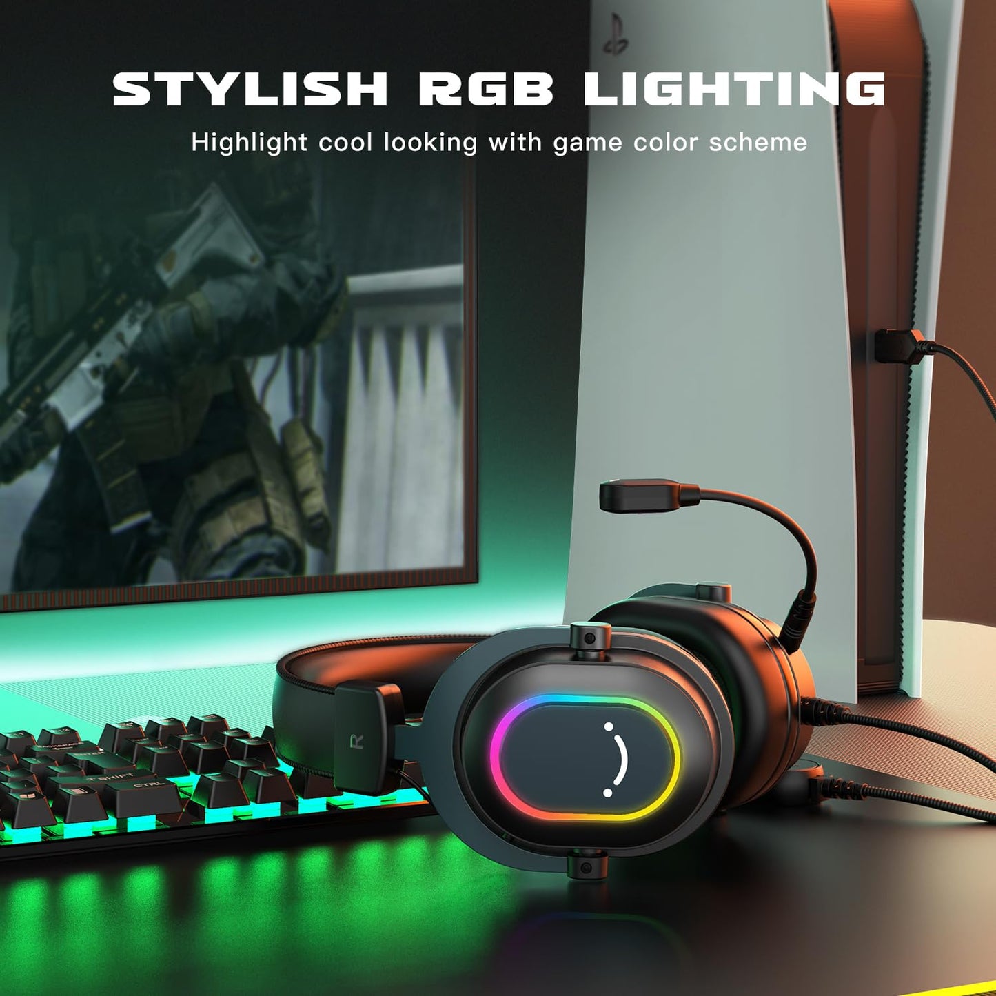 Fifine Gaming Headset for PC-Wired Headphones with Microphone-7.1 Surround Sound Computer USB Headset for Laptop, Streaming Headphones Compatible con PS4/PS5, with EQ Mode, RGB, Soft Ear Pads-H6