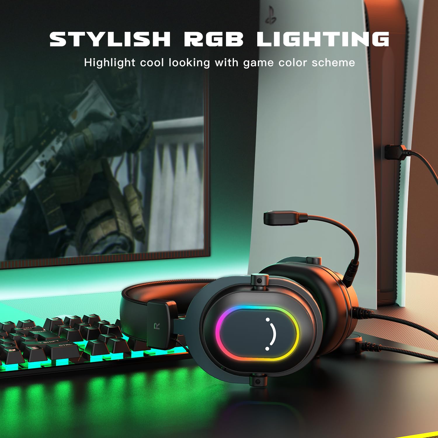 Fifine Gaming Headset for PC-Wired Headphones with Microphone-7.1 Surround Sound Computer USB Headset for Laptop, Streaming Headphones Compatible con PS4/PS5, with EQ Mode, RGB, Soft Ear Pads-H6