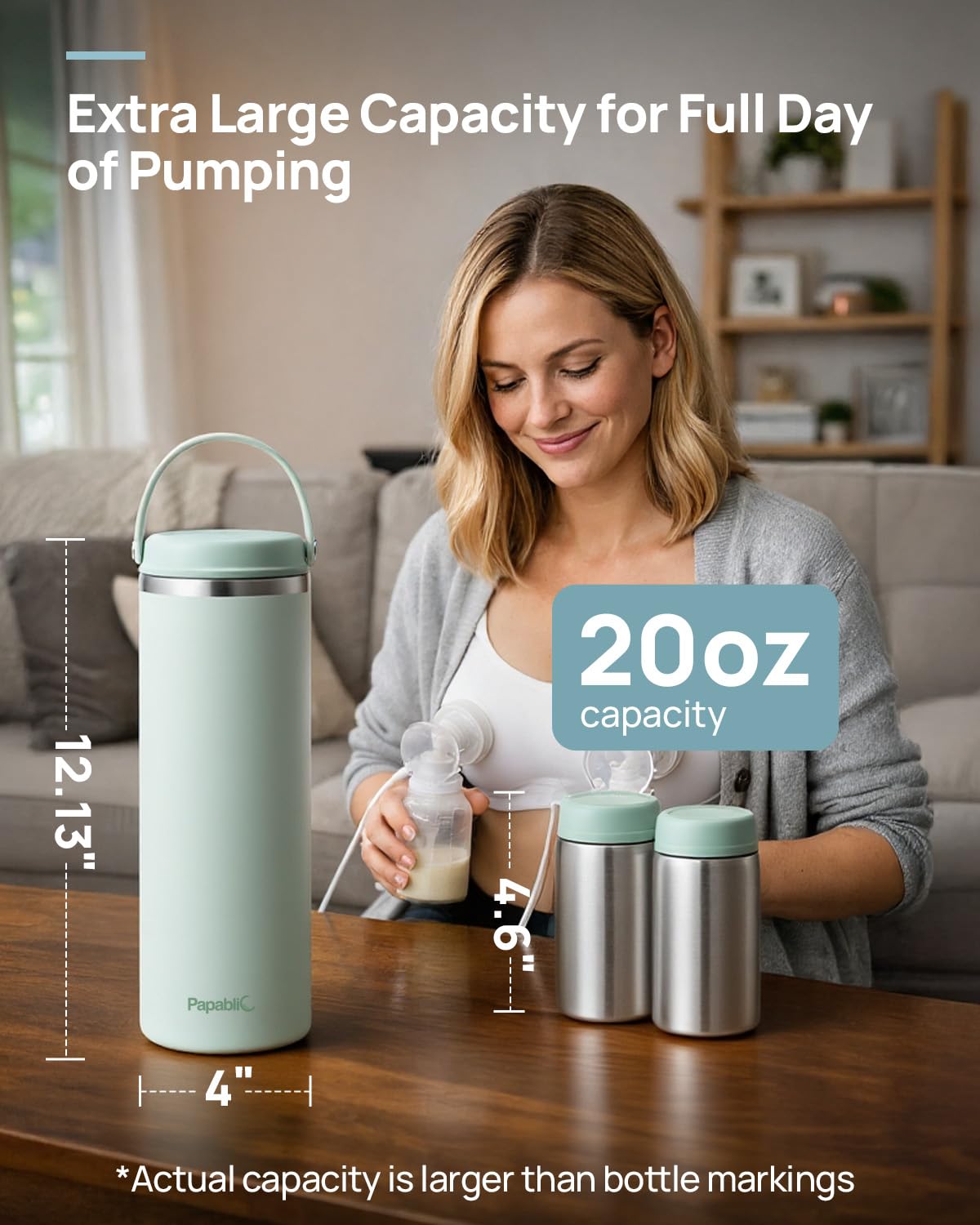Papablic Innovador enfriador de leche materna de 360° CapsuleChill para almacenamiento seguro de 24 horas, enfriador portátil de leche materna sin estrés de 20 onzas con 2 biberones de acero