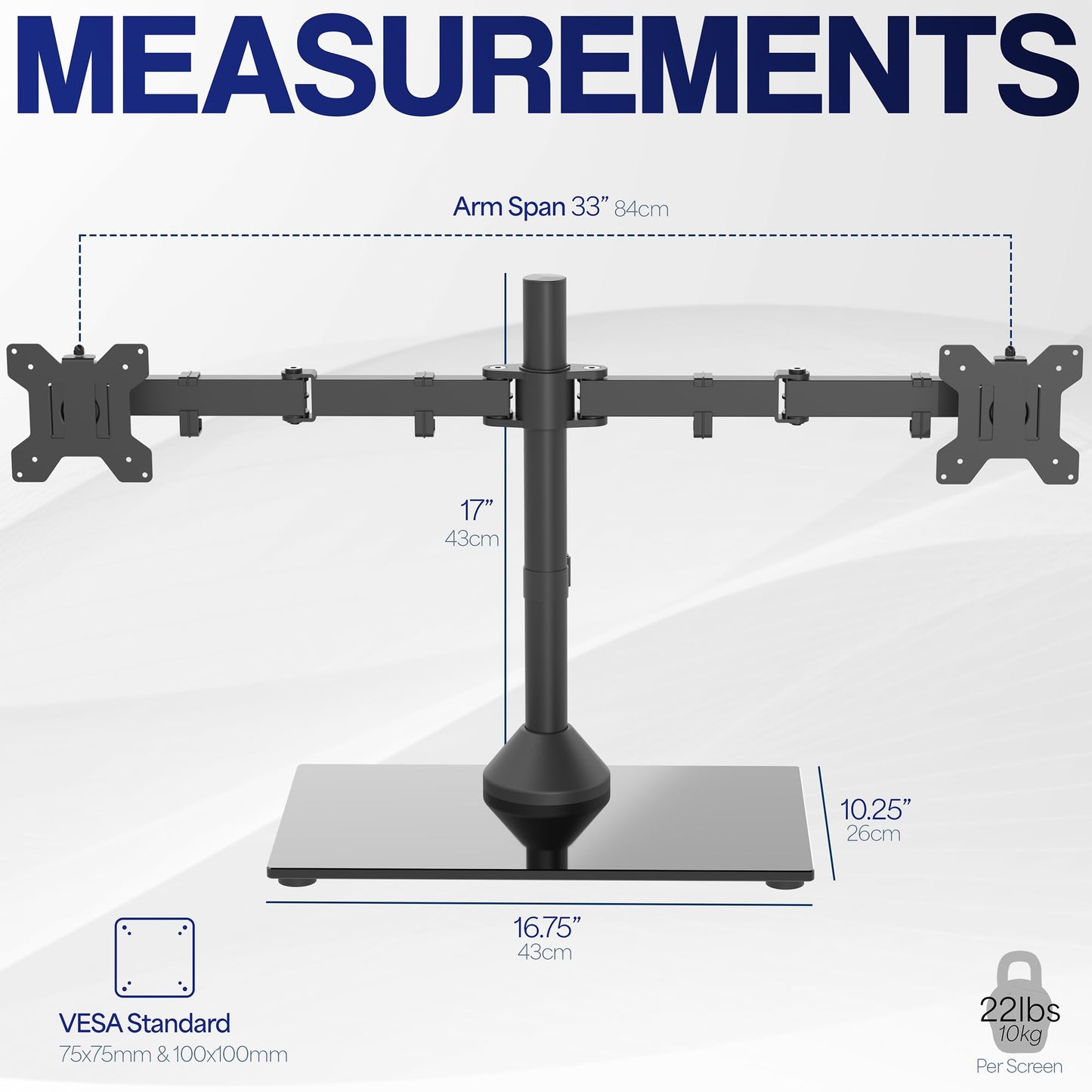 Soporte de Monitor Doble VIVO Negro Independiente con Base de Vidrio Elegante y Brazos Ajustables