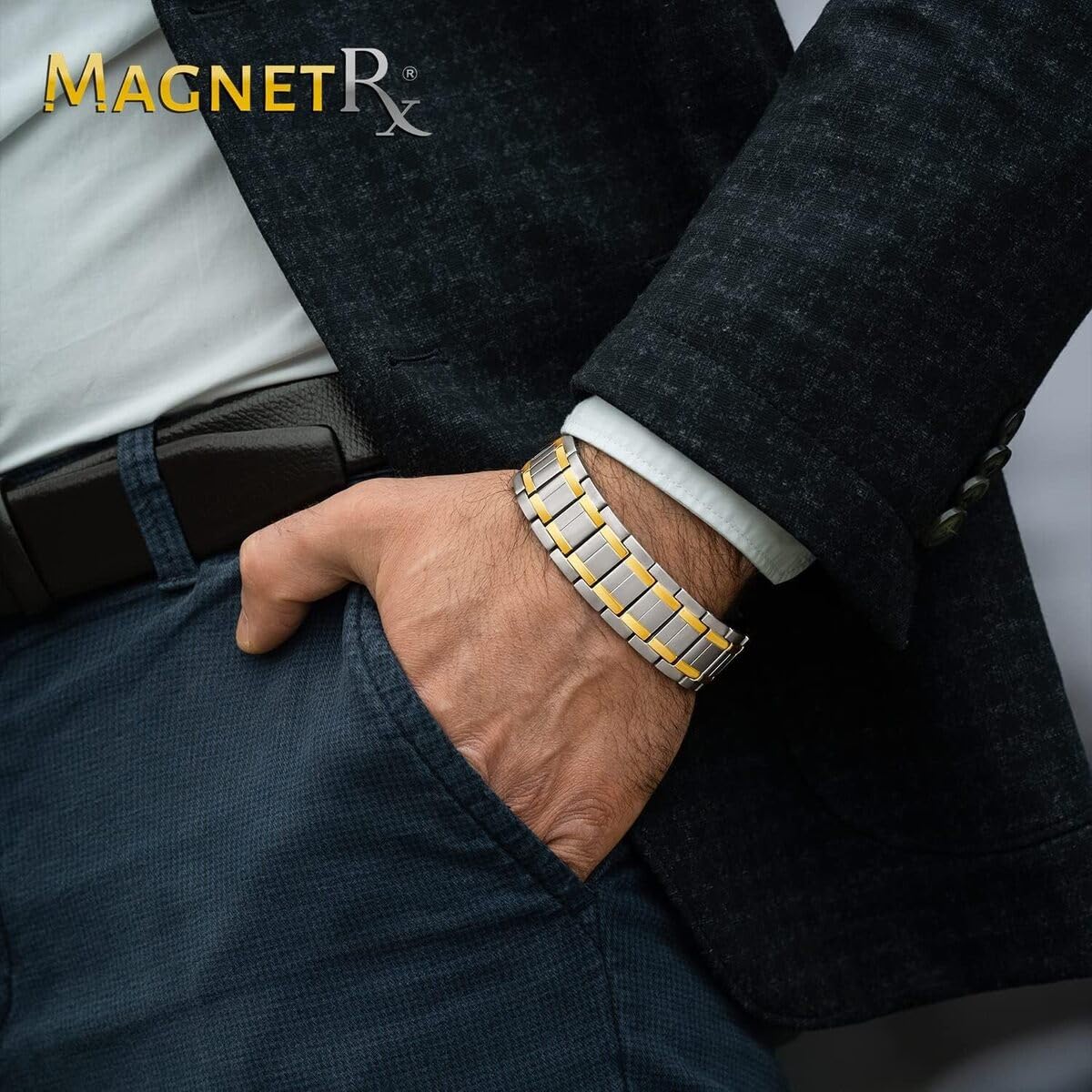 MagnetRX® Titanium Magnetic Bracelet – Magnetic Bracelets for Men – Premium Fold-Over Clasp & Adjustable Length with Sizing Tool (Silver & Gold)