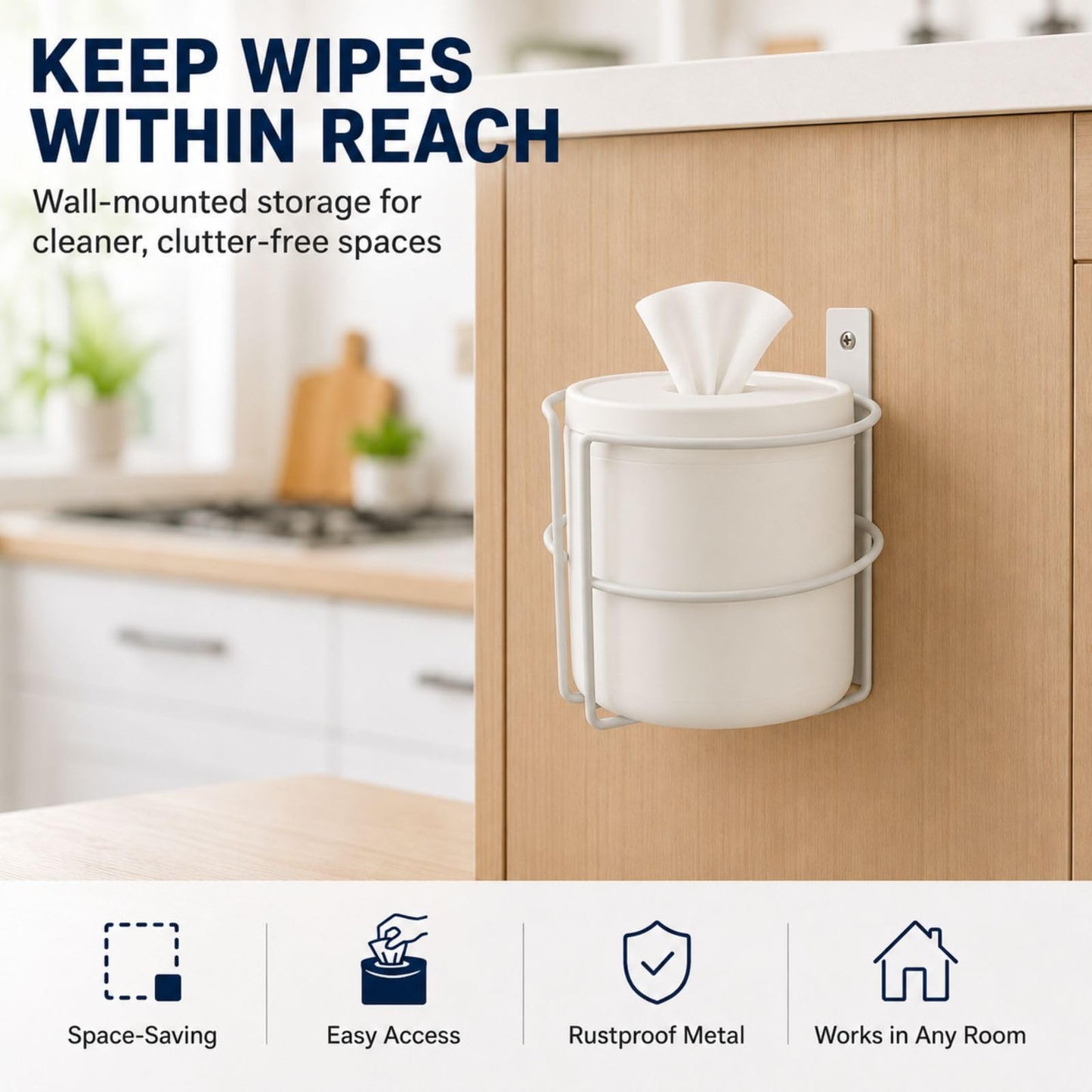 Soporte y dispensador de toallitas para montaje en pared, organizador de baño y cocina a prueba de óxido con calcomanía o tornillos 3M, apto para toallitas Clorox, Lysol, bebé y mascotas, estante de