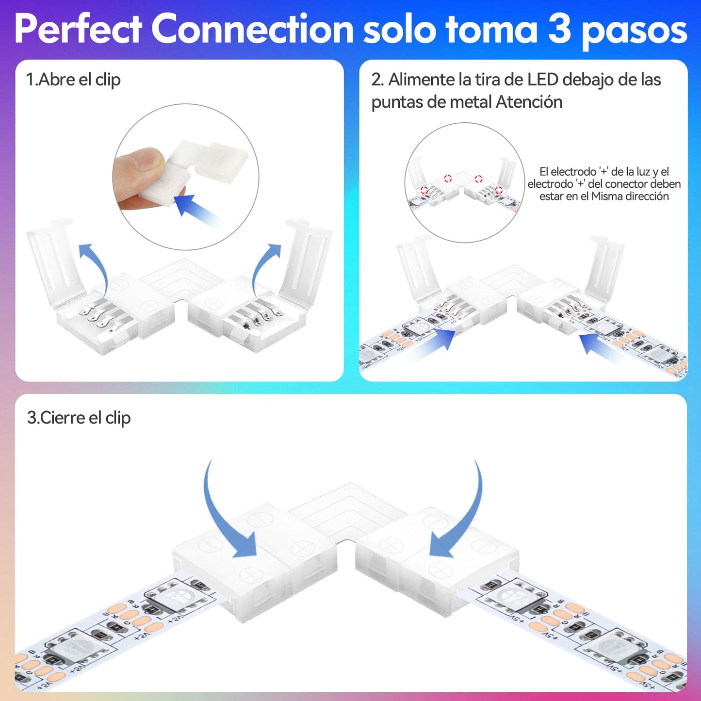 Conectores LED 4 Pines en Forma L 10mm para Extensión de Tiras LED sin Soldadura 10 Piezas