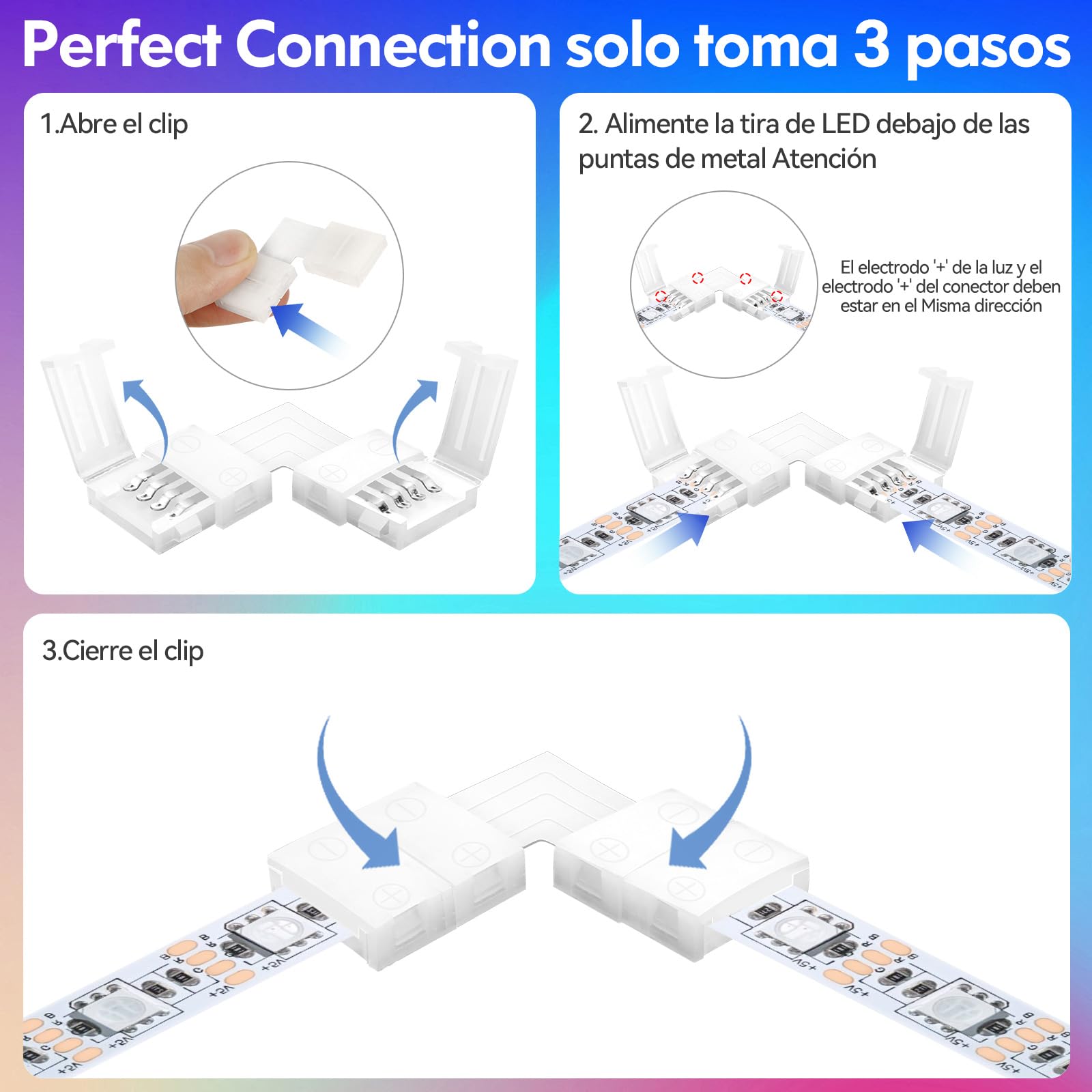 Conectores LED 4 Pines en Forma L 10mm para Extensión de Tiras LED sin Soldadura 10 Piezas