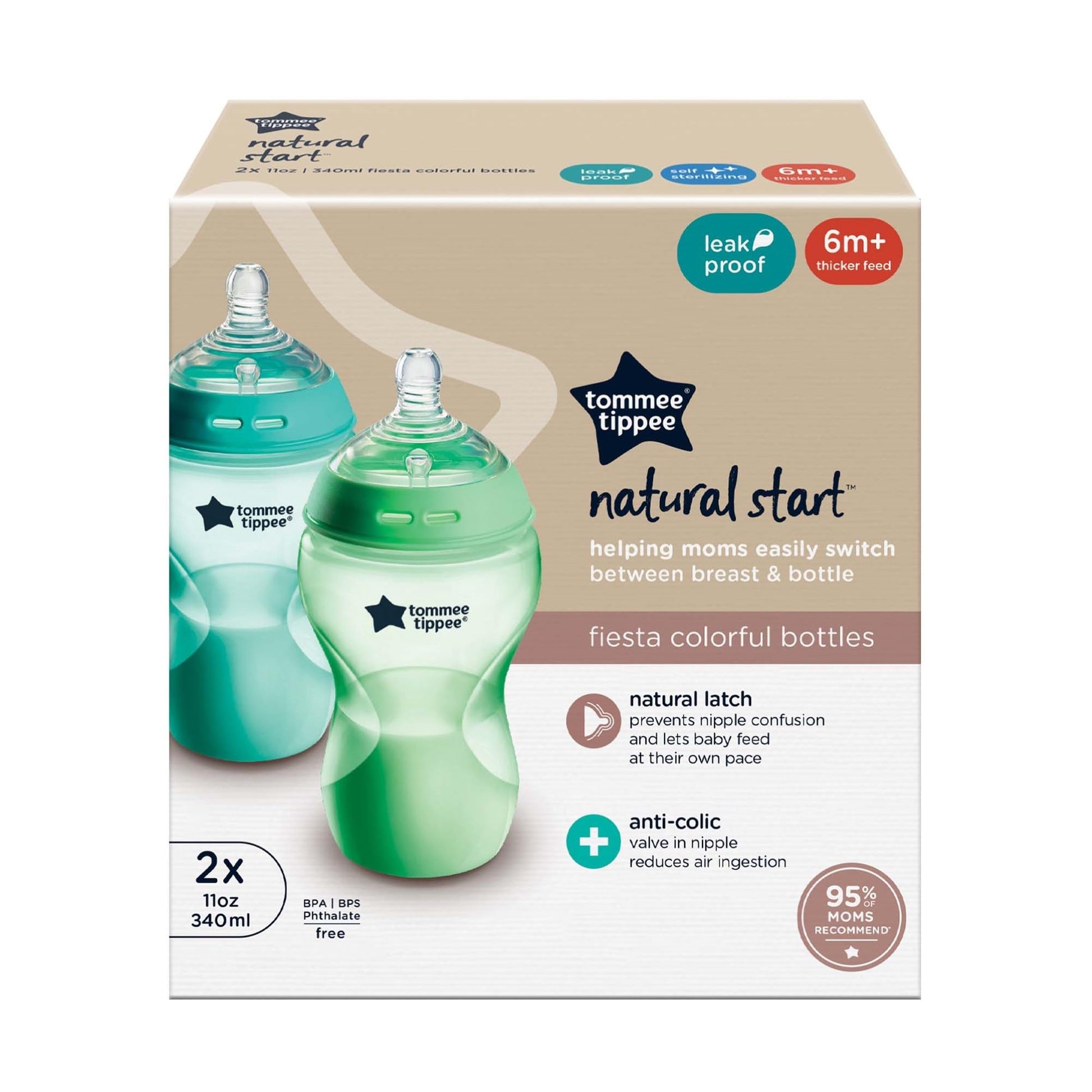 Biberón para Bebé Tommee Tippee Natural Start Verde y Turquesa con Tetina Similar al Pecho para Alimentación Más Espesa 6 Meses+