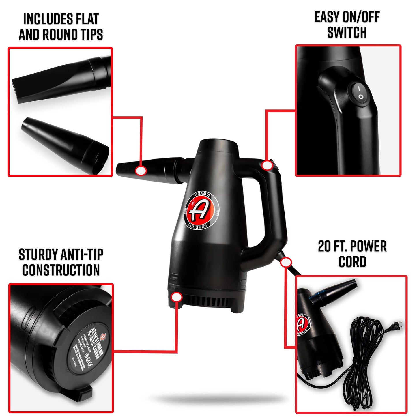 Cañón de Aire Adam's Mini Negro de Alta Potencia para Secado de Lavado de Coche