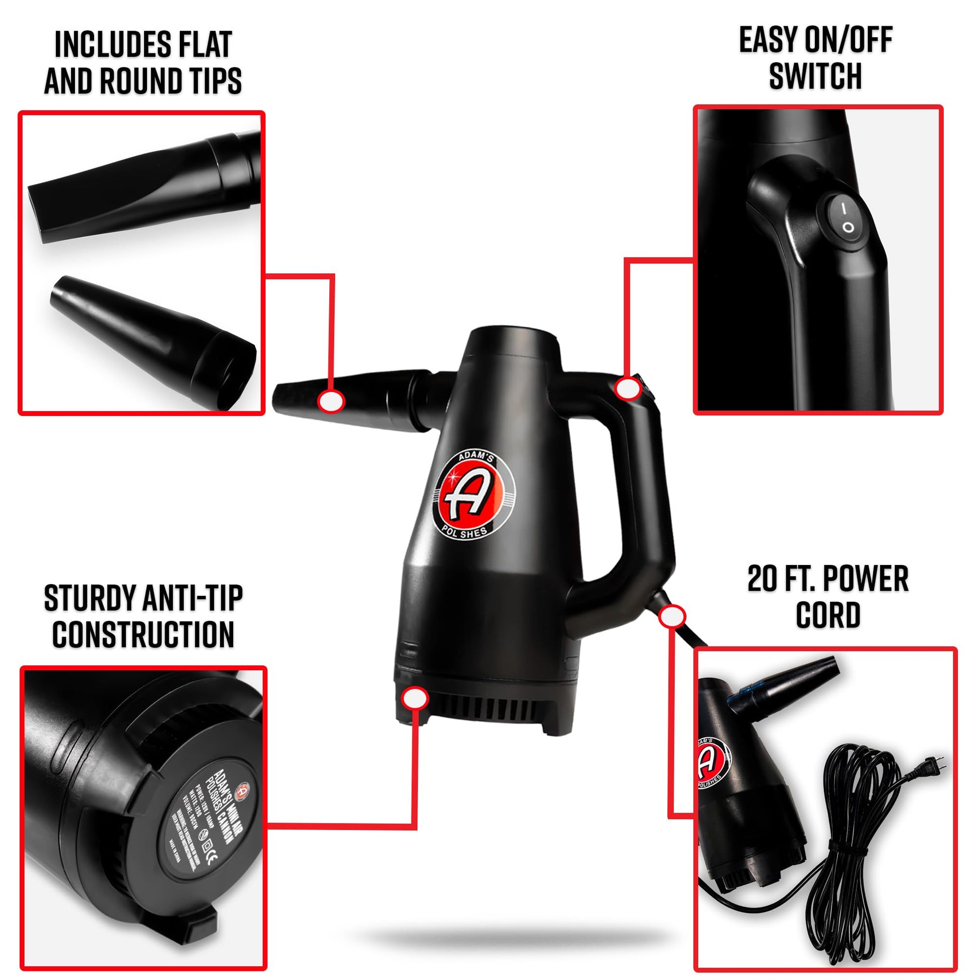 Cañón de Aire Adam's Mini Negro de Alta Potencia para Secado de Lavado de Coche