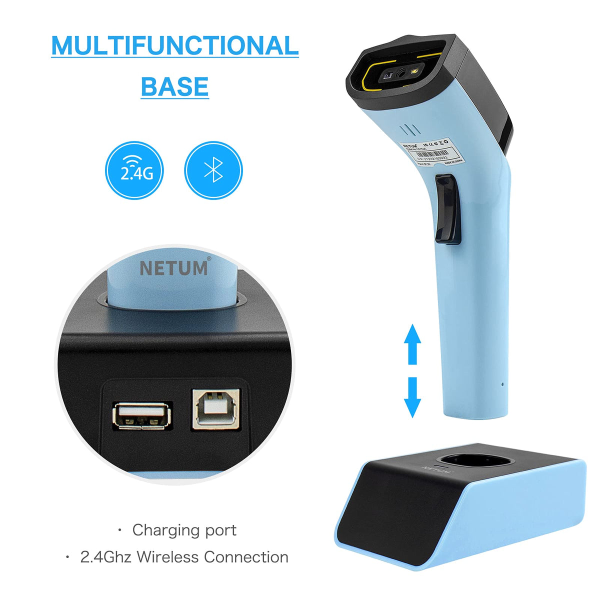 Escáner de Código de Barras Inalámbrico NETUM DS7500 Bluetooth 2D Automático con Base de Carga y Memoria Integrada