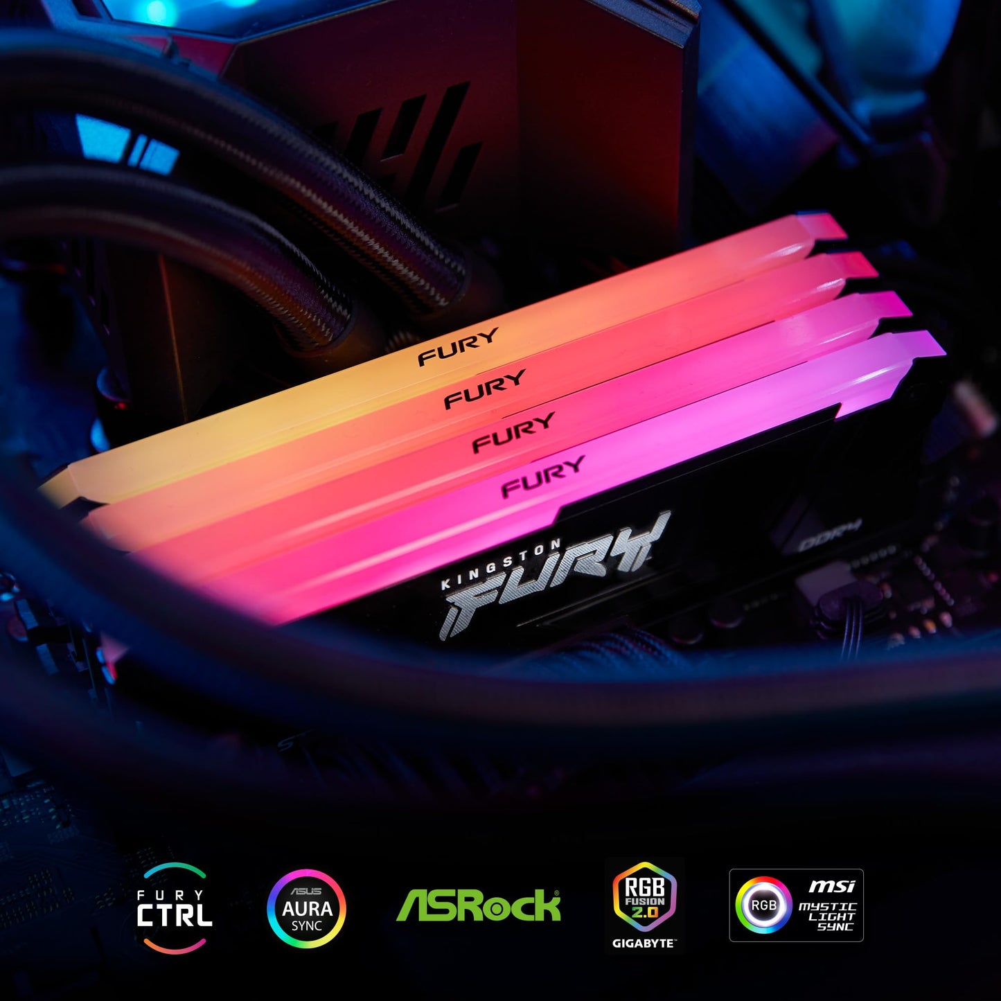 Kingston Fury Beast Black RGB DDR4, Memoria Gamer para PC, Capacidad: 32GB Kit (2x16GB), Frecuencia: 3600MT/s, Latencia: CL18, Factor de Forma: DIMM 288-Pin, Color: Negro/RGB, KF436C18BB2AK2/32