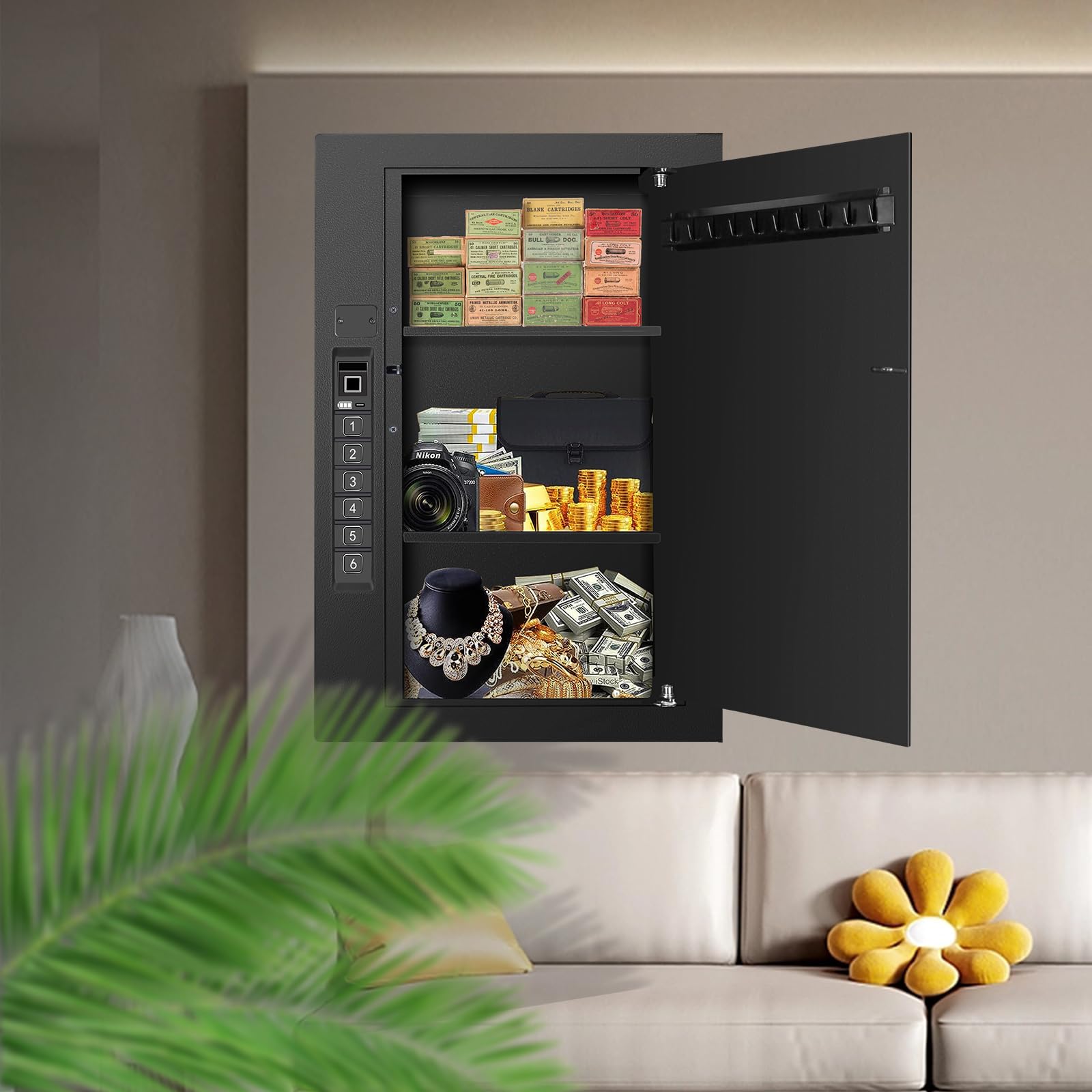 LANGGER V - Caja fuerte biométrica para pared, acceso por huella digital oculta, teclado o llave, para instalación entre vigas, protege armas cortas, documentos, joyas y objetos de valor