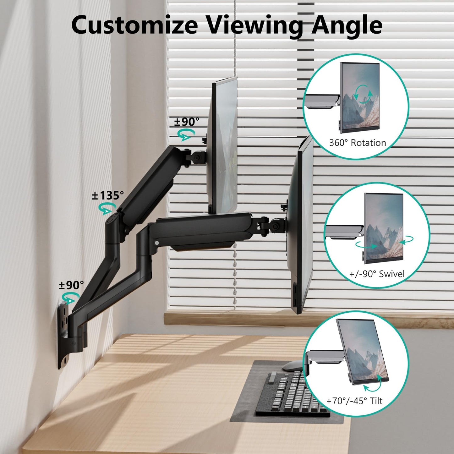 Soporte para Monitor WALI Negro Totalmente Ajustable para Pared Doble de hasta 32 Pulgadas 10 kg con Brazo y Resorte de Gas