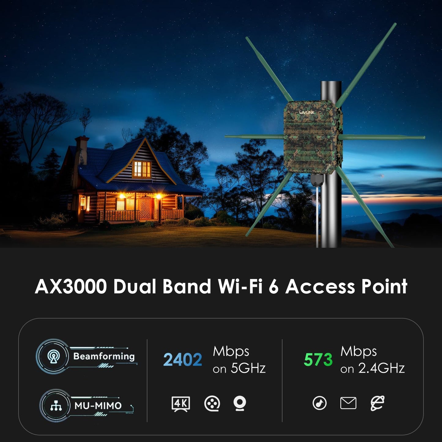 Punto de Acceso WAVLINK WiFi6 Blanco Doble Banda AX3000 para Exteriores con Antenas de Alta Ganancia y Gabinete IP67