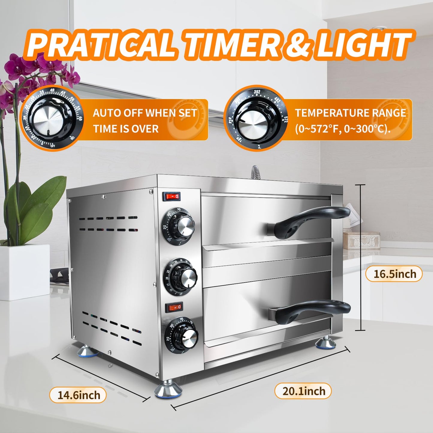 Generic YOOKTEN - Horno eléctrico de pizza para encimera de interior y comercial, máquina para hacer pizzas, horno de pizza de acero inoxidable de 2 niveles, 1100 W