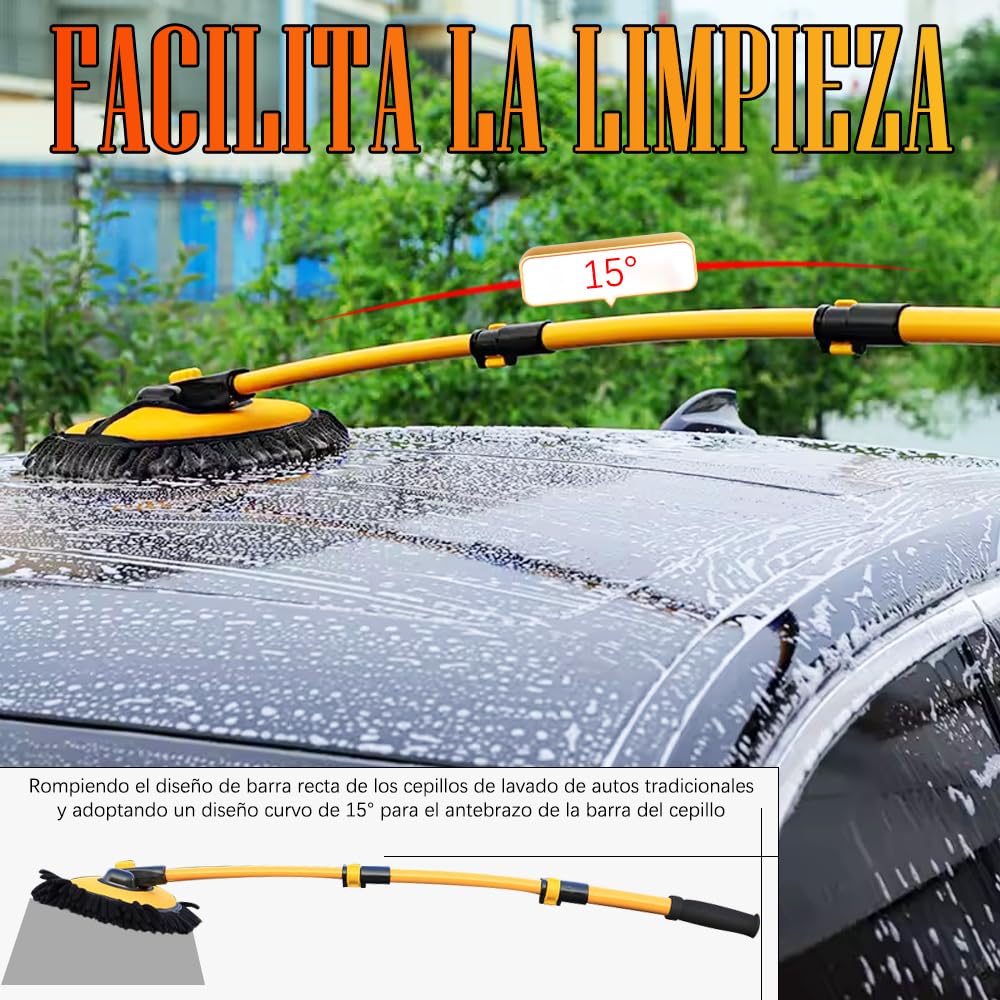 BYHANG Cepillo para Lavar Carros, con Mango Largo, Incluye Cabezal de Repuesto, Juego de 3 Cepillos para Limpieza, Kit de Limpieza para Auto con Poste Extensible, Ideal para Coches, SUV, Camiones