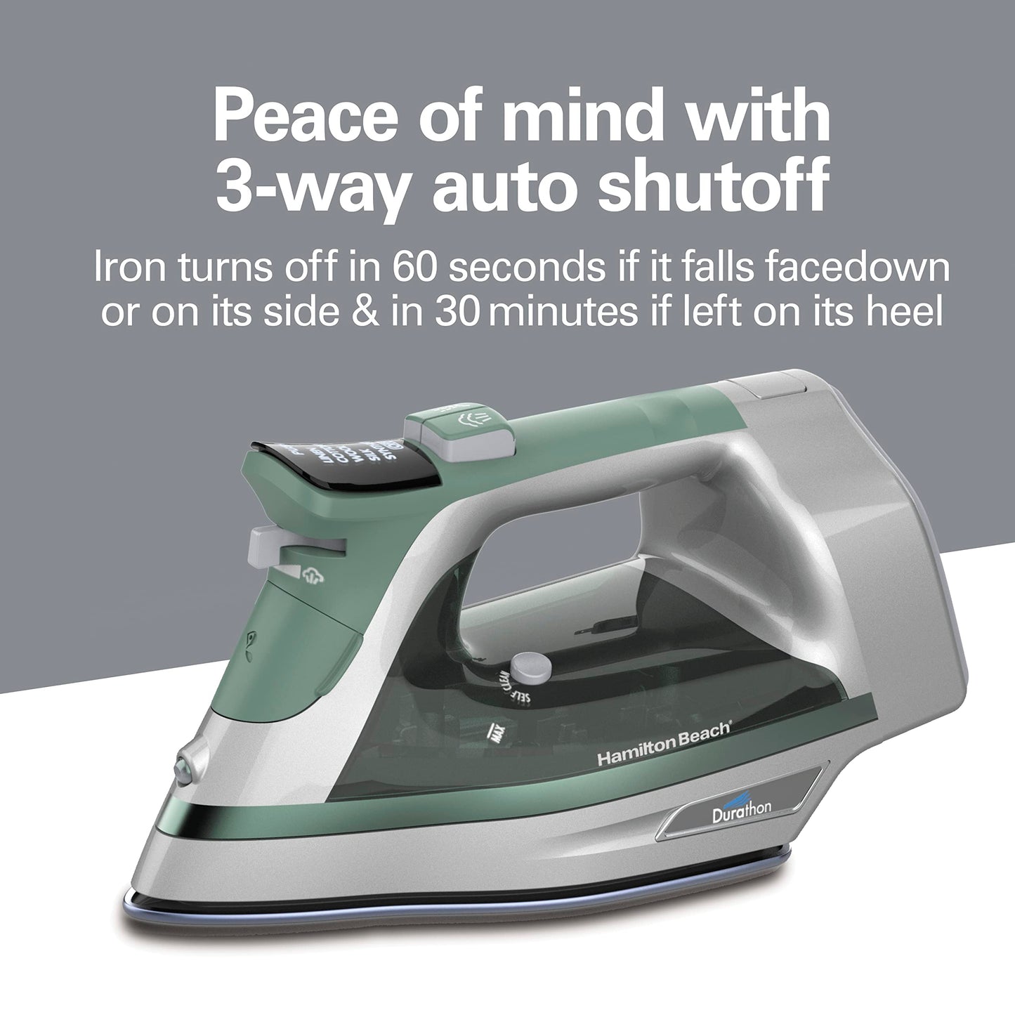 Hamilton Beach - Plancha de vapor y vapor vertical para ropa con suela Durathon resistente a los arañazos, selector de tela digital + cable retráctil de 8 pies, apagado automático de 3 vías,
