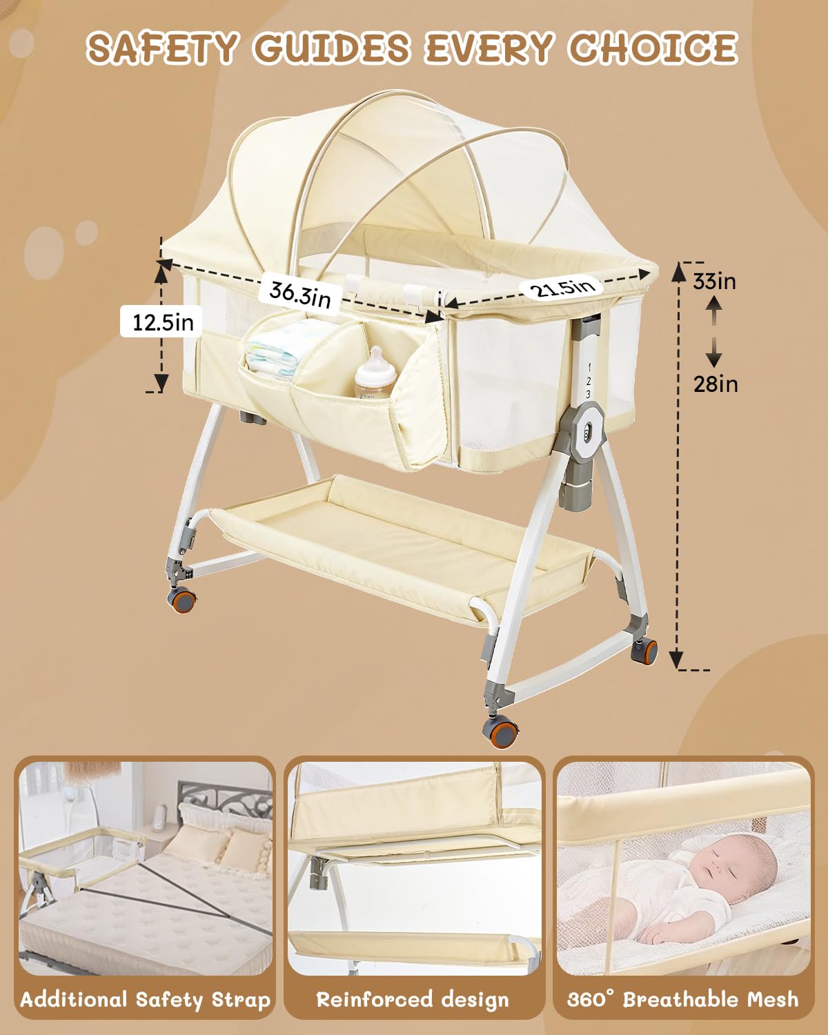 Leoavetole - Moisés de cama para bebé, cuna 4 en 1 con ruedas, cuna ajustable de 6 altura con malla transpirable para recién nacidos y bebés (beige profundo)