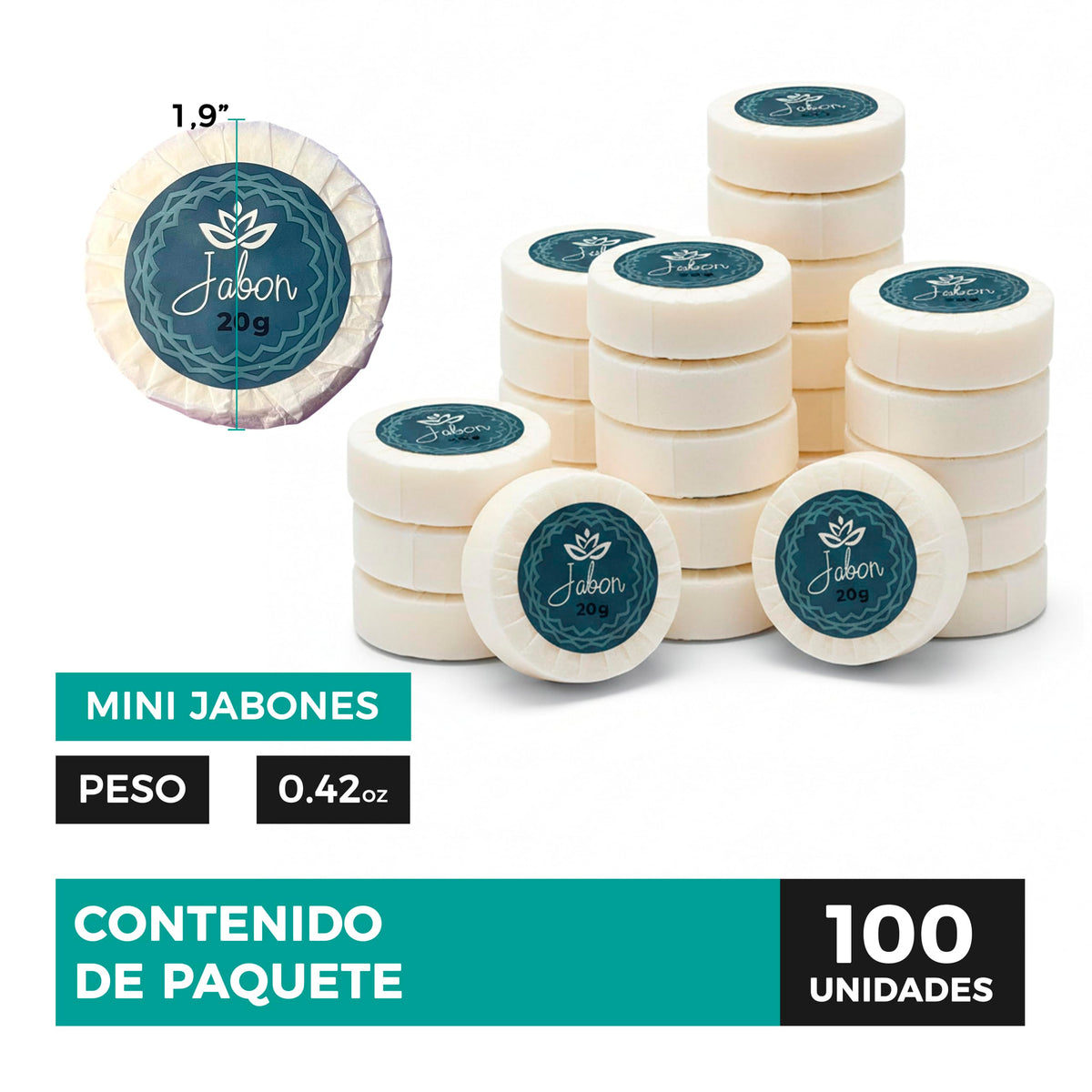Caja de Jabón Corporal de 20g Con 100 Piezas, Mini Jabones Redondos Relajantes, Ideal Para Hoteles, Airbnb, Posadas, Hospitales, Spa, Jabon de Baño, Jabón Corporal Ecospa (Té Verde)
