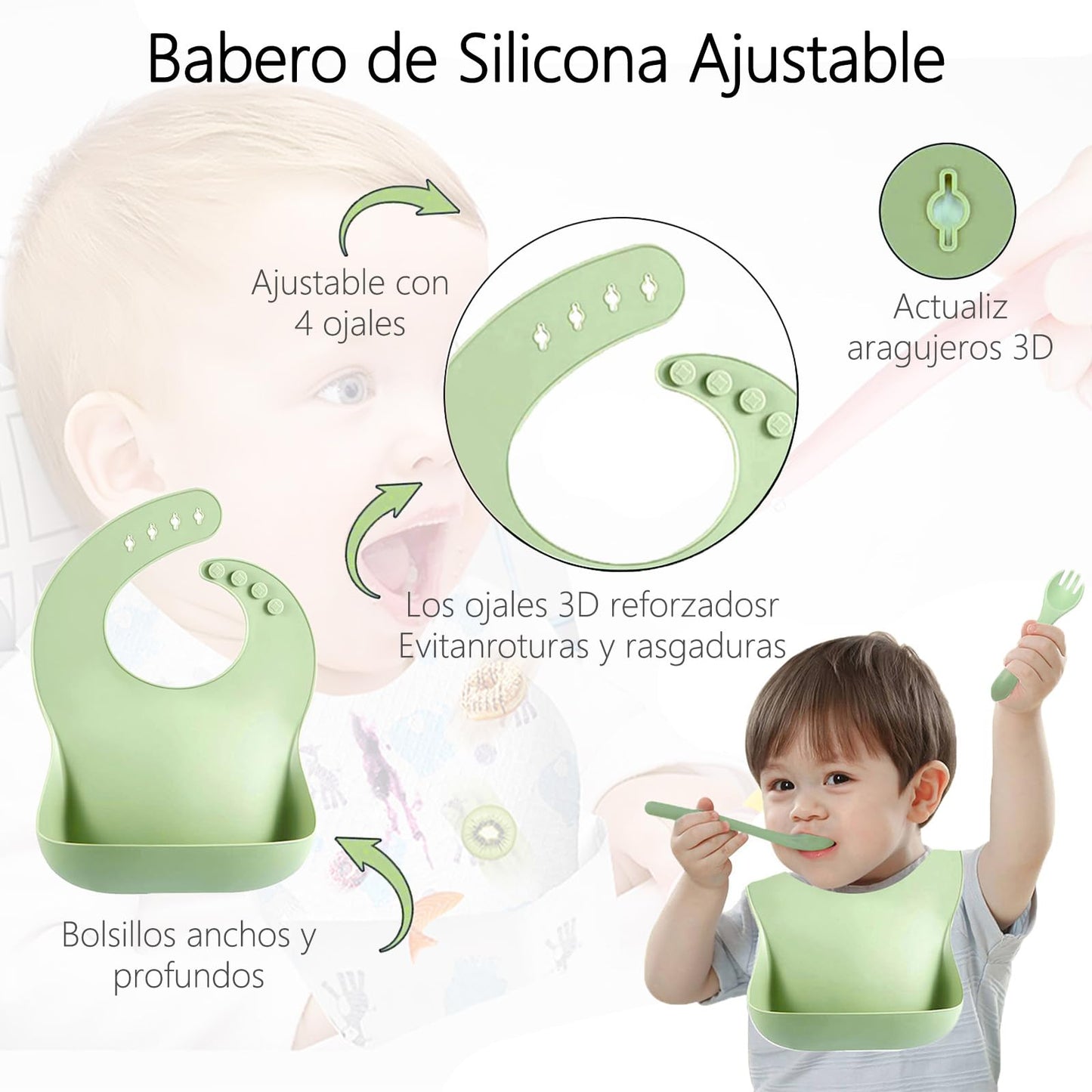ALIYU Platos para Bebe Silicon 8PCS, Kit Alimentación Complementaria Bebe, Plato para bebe con ventosa, Baberos de silicona para bebe, Sin BPA, Fácil de limpiar, Vajilla bebe silicona (Verde)