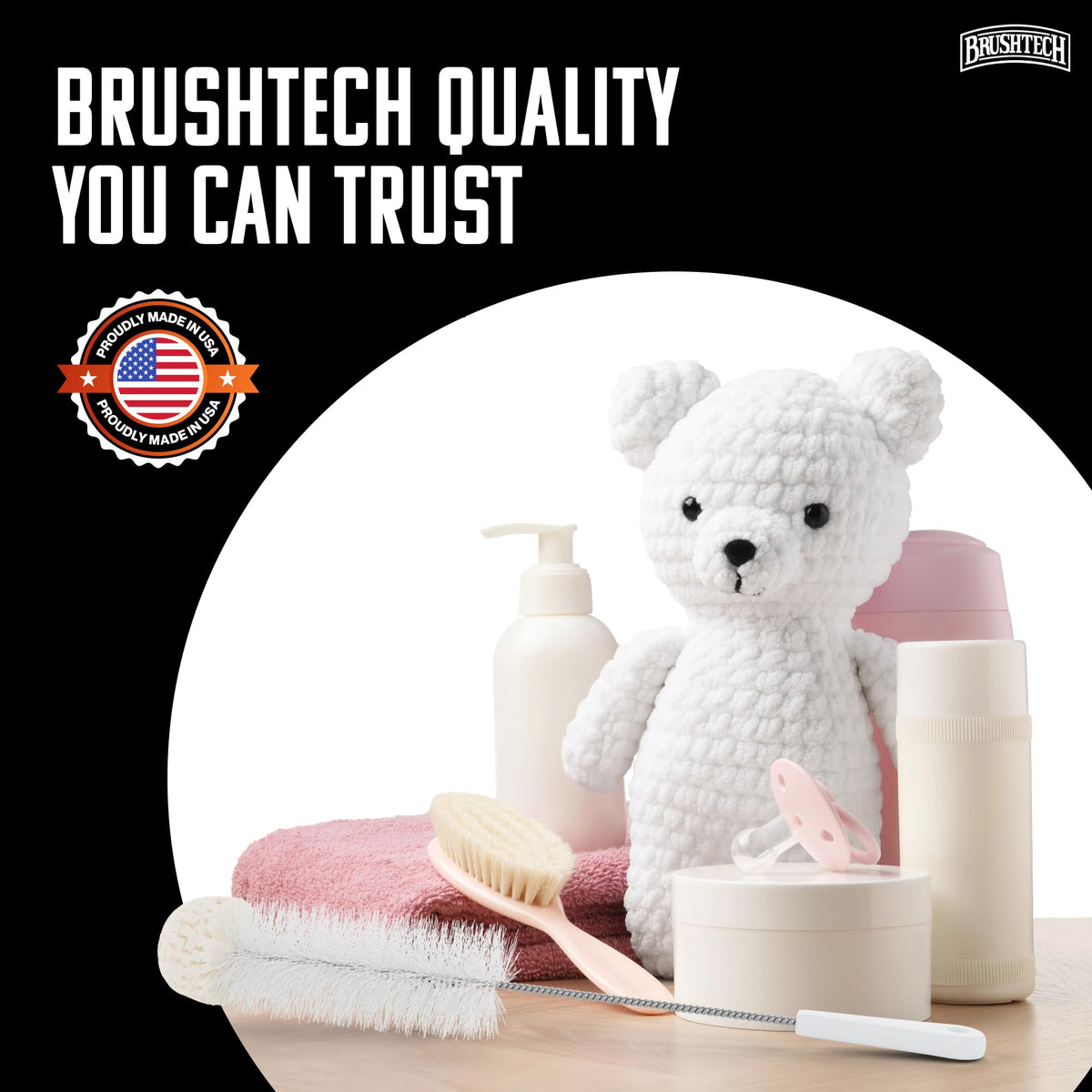 Brushtech - Cepillo para biberones con punta de espuma, paquete de 2 – cerdas duraderas y suaves y punta de espuma para limpieza profunda de biberones, fabricado en Estados Unidos, herramientas de
