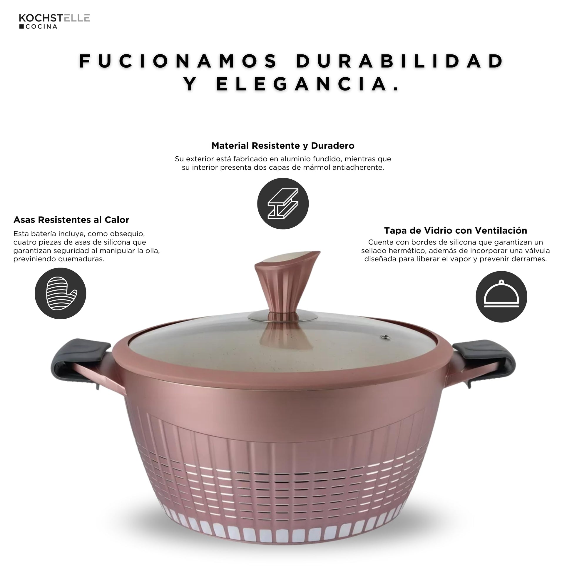 KOCHSTELLE - Bateria de Cocina de 13 Piezas con Revestimiento de Mármol Antiadherente sin PFOA y 2 Juegos de Protector de Silicona | Cacerolas, Ollas y Sártenes | Profesionales Premium