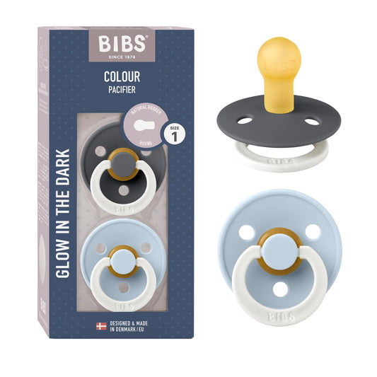BIBS chupetes caucho natural Brillan en la oscuridad 0-6 meses 2 pza Iron Night/Baby Blue Night