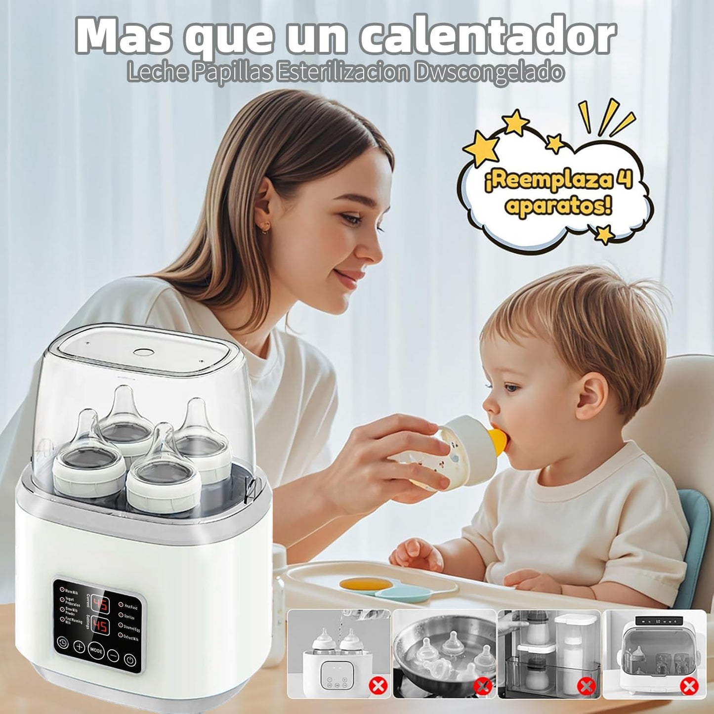 EEBOU Calentador de Biberones Esterilizador Multifuncional 8 en 1 [Modelo Mejorado de 2026], Apto para 4 Biberones, Calentador de Biberones Portatil Modo Constante de 24H, Sin BPA (Gris)