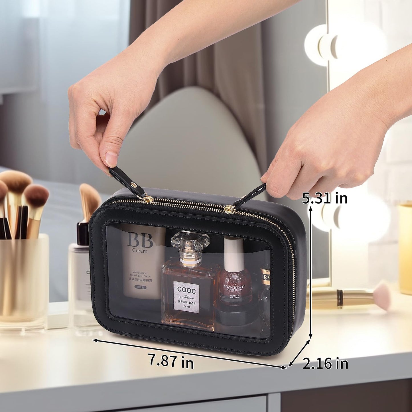Pinkmik - Bolsa de Maquillaje Transparente Portátil, Cosméticos de Viaje Con Cierre Para Mujer, Negro, Pequeño