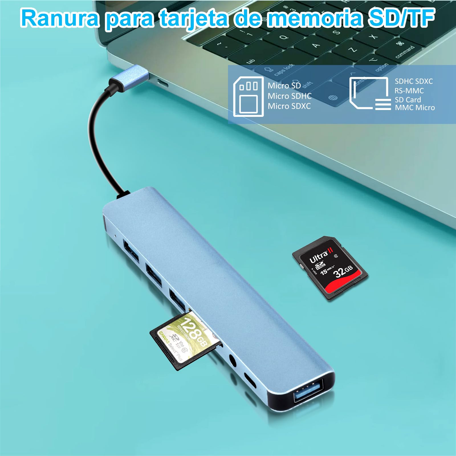HeiLuon Hub USB C 8 en 1,USB 3.0 con Jack 3.5mm, Adaptador de Puertos USB Múltiple para Laptop, 4 Puertos USB, 1 Puerto USB-C, Lector de Tarjetas TF & SD, Compatible con MacBook, ProPad y Tablets