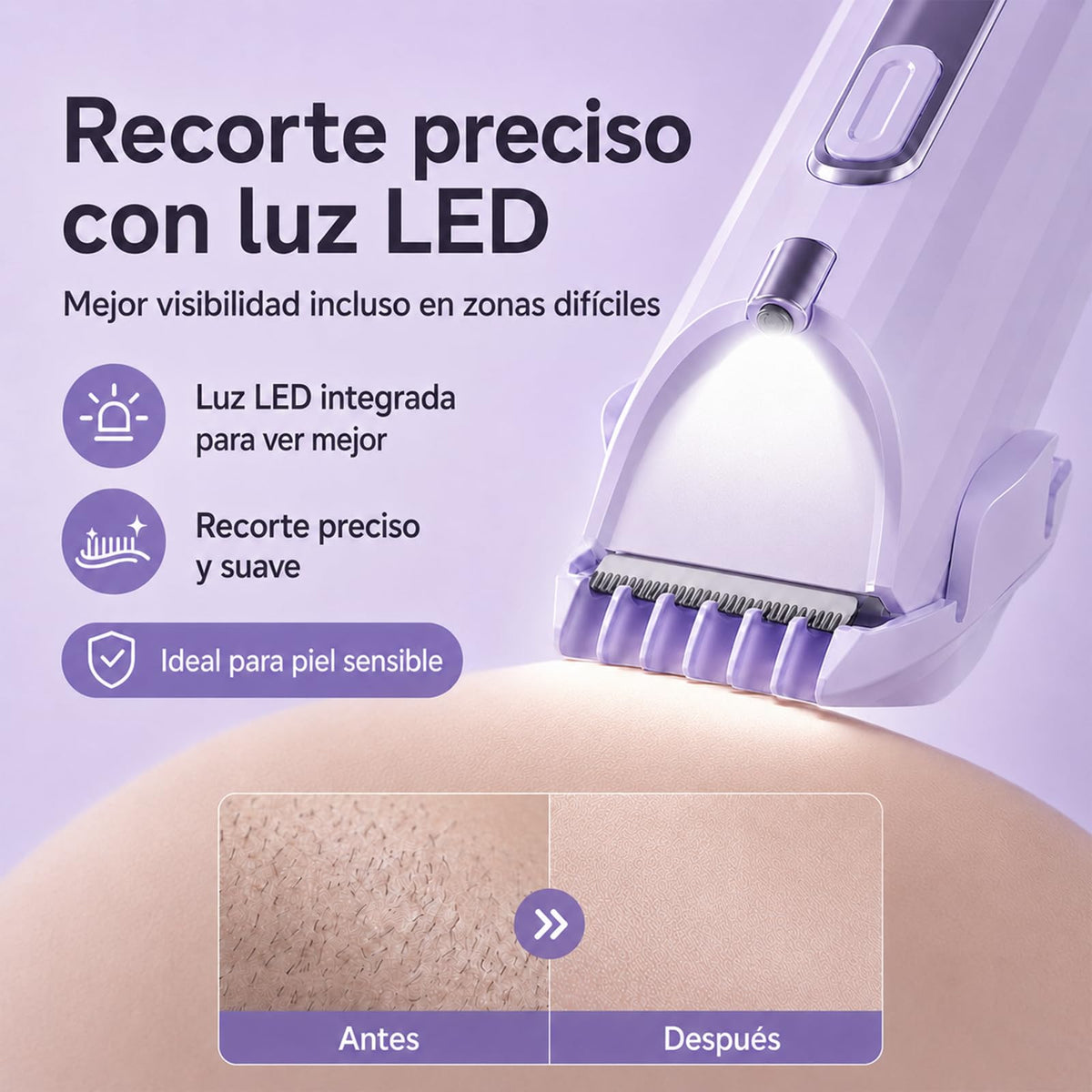 2 En 1 Maquina para depilar mujer, rasuradora eléctrica mujers, con Luces Auxiliares, Doble Cabezal | Recargable Type-C e IPX7, para Bikini Facial Brazos Axilas (Morado)