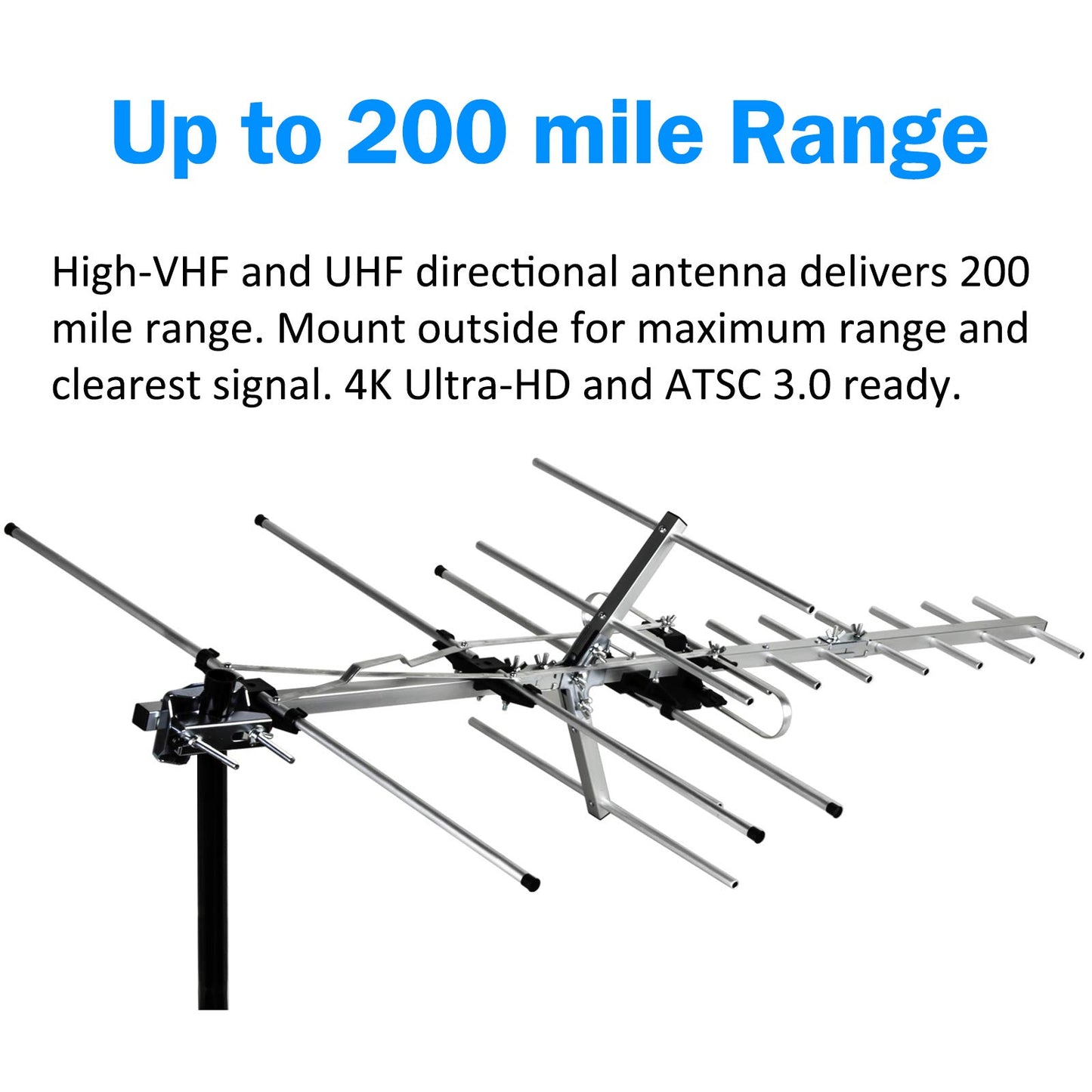 Five Star Yagi - Antena de TV satélite HD de hasta 200 millas de largo alcance, soporte en ático o techo Antena digital OTA TV para 4K compatible con 4 televisores kit de instalación y poste de