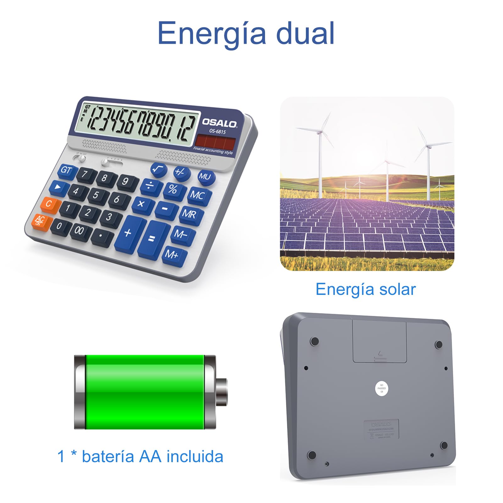 Calculadora de Escritorio Pantalla LCD Extra Grande de 5 Pulgadas Calculadora de Contabilidad de números Grandes de 12 dígitos con botón de Respuesta Gigante, para Office Business Home (OS-6815)