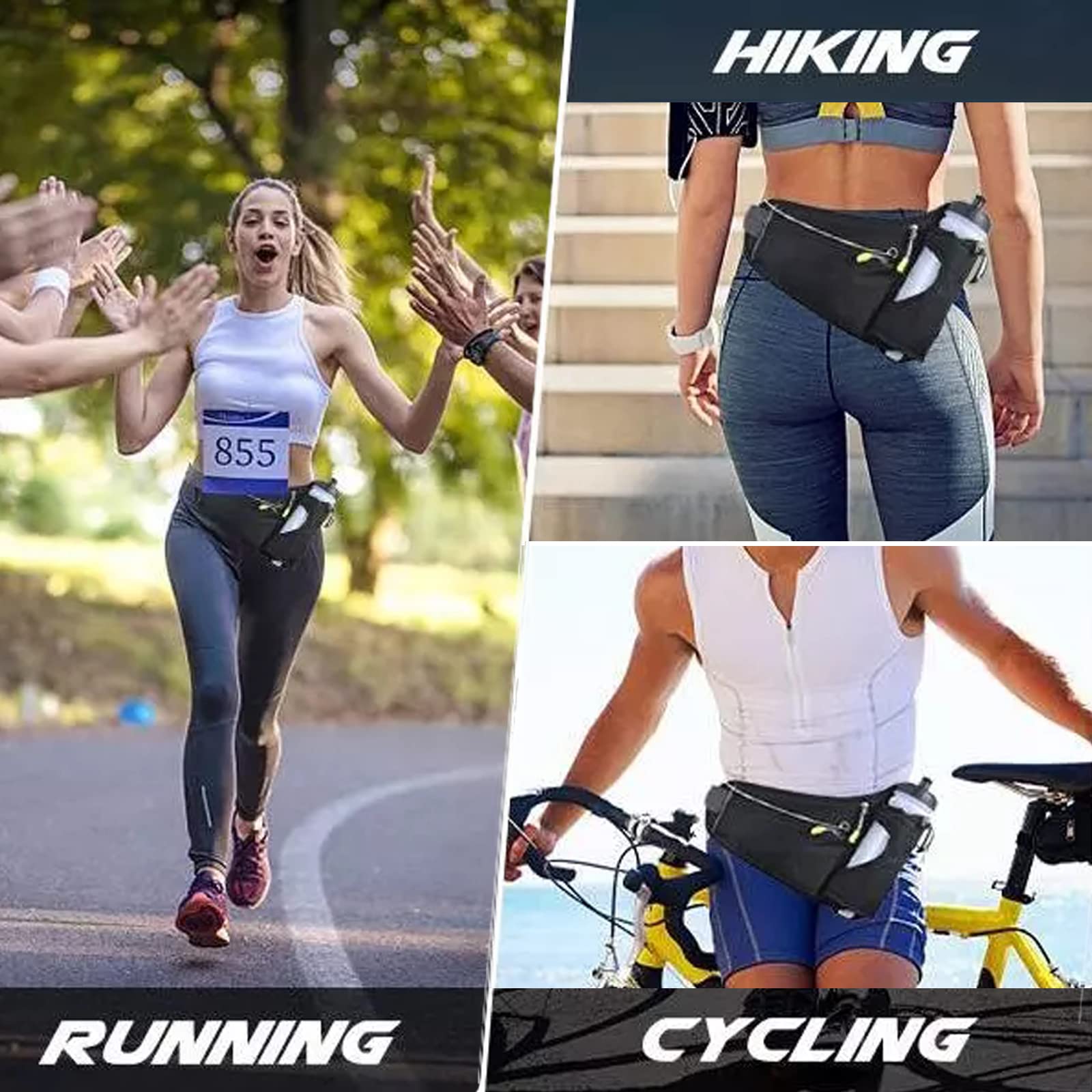 HOTEMIA Riñonera con soporte para botella de agua para hombres y mujeres, correr, senderismo, camping, ciclismo, se adapta a todos los teléfonos (botella no incluida), Negro -, Una talla, Deporte