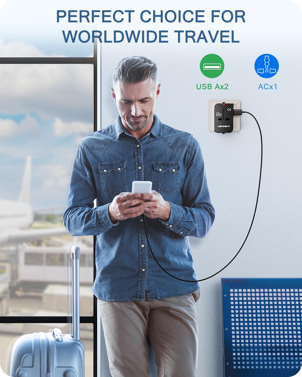 LENCENT Adaptador Universal de Viaje, Todo en Uno Adaptador Enchufe Internacional Tipo A/C/G/I, Convertidor de Enchufe con 2 Puertos USB para Más de 200 Países, Compatible con UE/UK/EEUU/AUS